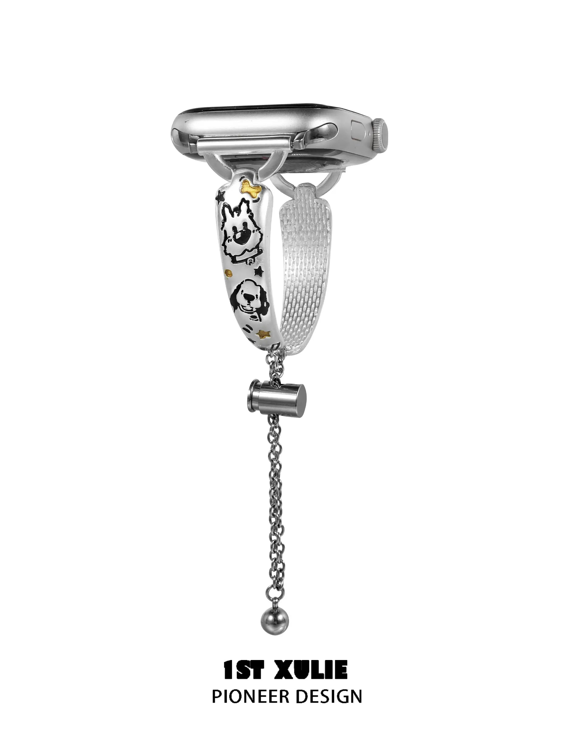 1ST XULIE "Graffit Kitten & Puppy" Kitten & Puppy Graffiti Charm Apple Watch Band in Platinum Plated - Side View