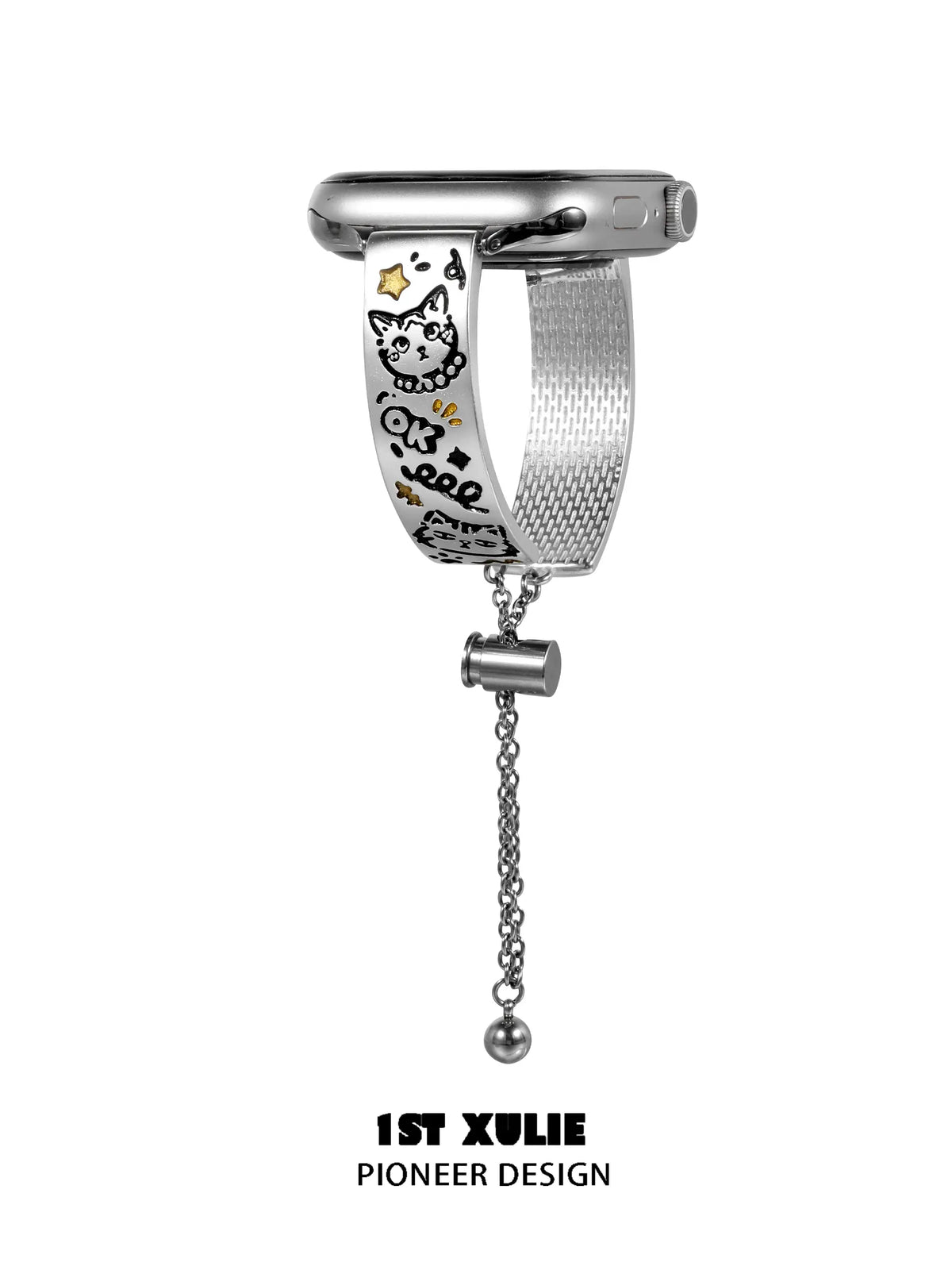 1ST XULIE "Graffit Kitten & Puppy" Kitten & Puppy Graffiti Charm Apple Watch Band in Platinum Plated - Back View