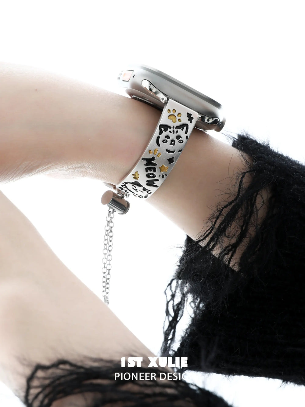1ST XULIE "Graffit Kitten & Puppy" Kitten & Puppy Graffiti Charm Apple Watch Band in Platinum Plated - Lifestyle Shot