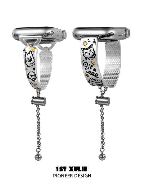 "Graffit Kitten & Puppy" Platinum Plated Kitten & Puppy Graffiti Charm Apple Watch Band, Charm Bracelet Watch Strap