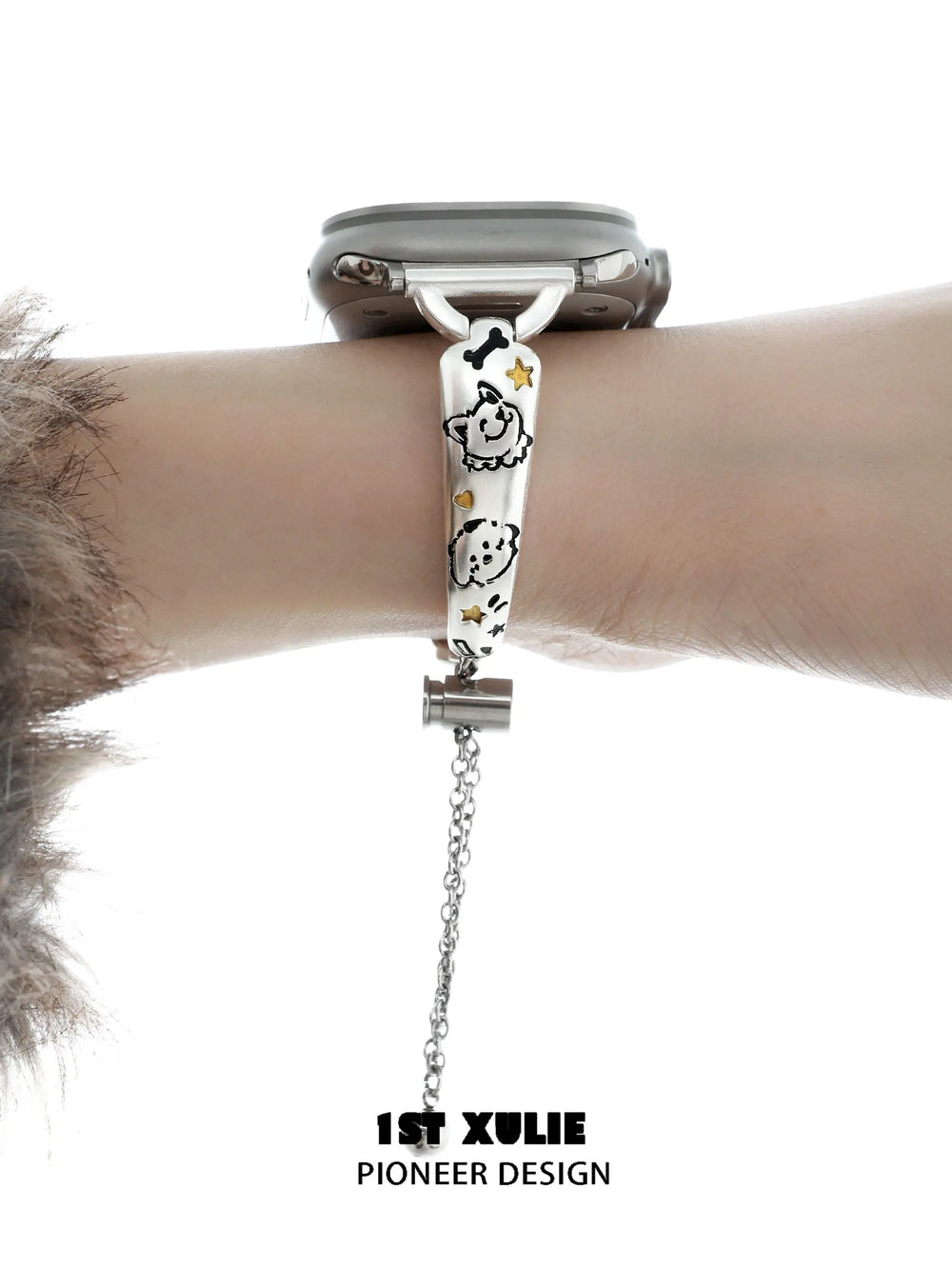1ST XULIE "Graffit Kitten & Puppy" Kitten & Puppy Graffiti Charm Apple Watch Band in Platinum Plated - On Model Close-Up