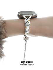 1ST XULIE "Graffit Kitten & Puppy" Kitten & Puppy Graffiti Charm Apple Watch Band in Platinum Plated - On Model Close-Up