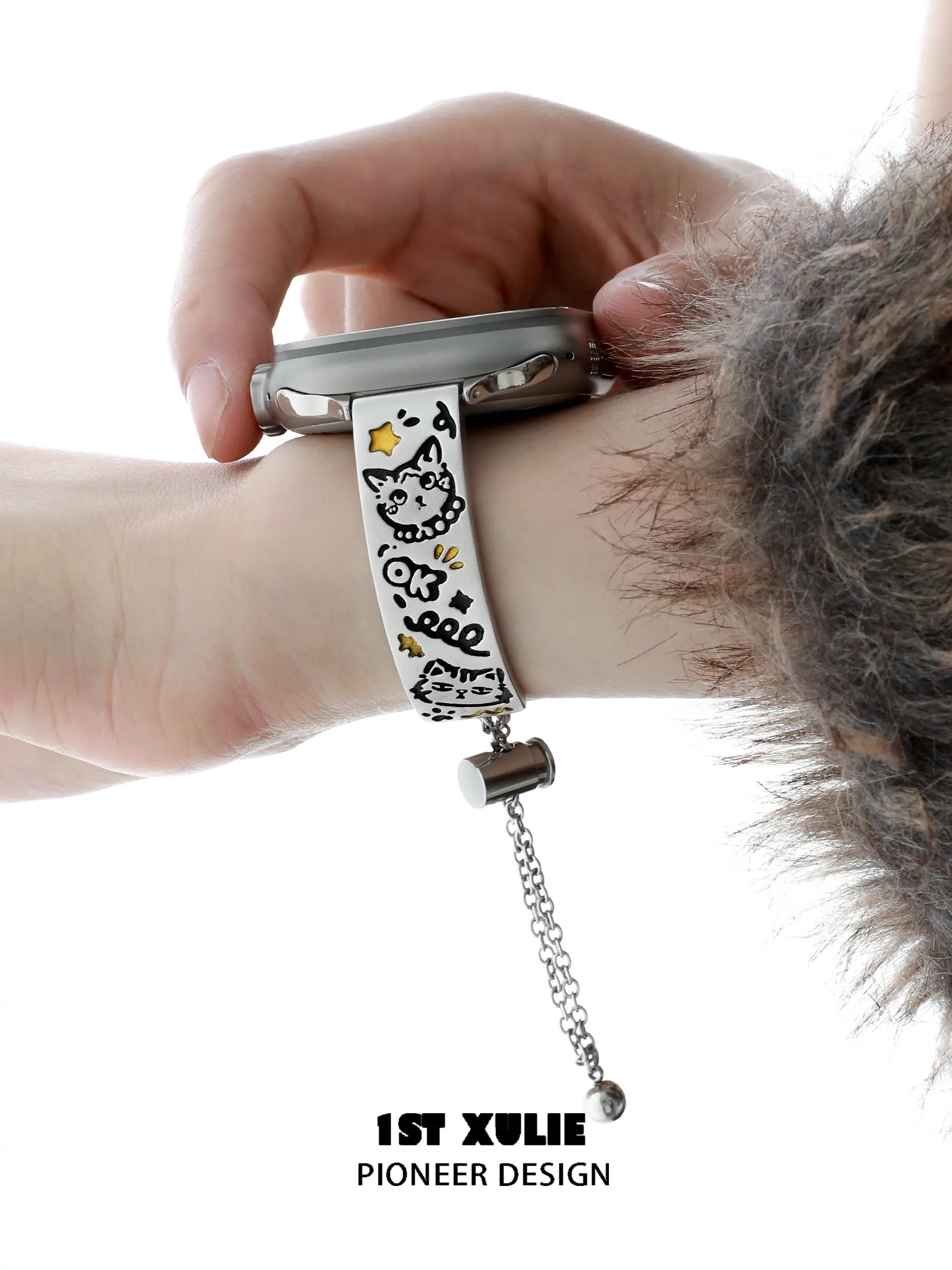 1ST XULIE "Graffit Kitten & Puppy" Kitten & Puppy Graffiti Charm Apple Watch Band in Platinum Plated - Product View