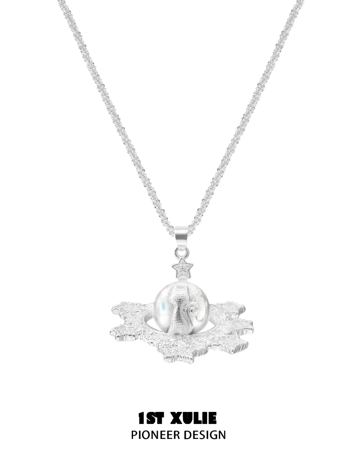 1ST XULIE Jewelry "STARLIGHT LACE" Lace Star Kitten Crystal Orb Statement Charm Pendant Necklace in Platinum Plated - Angle 2