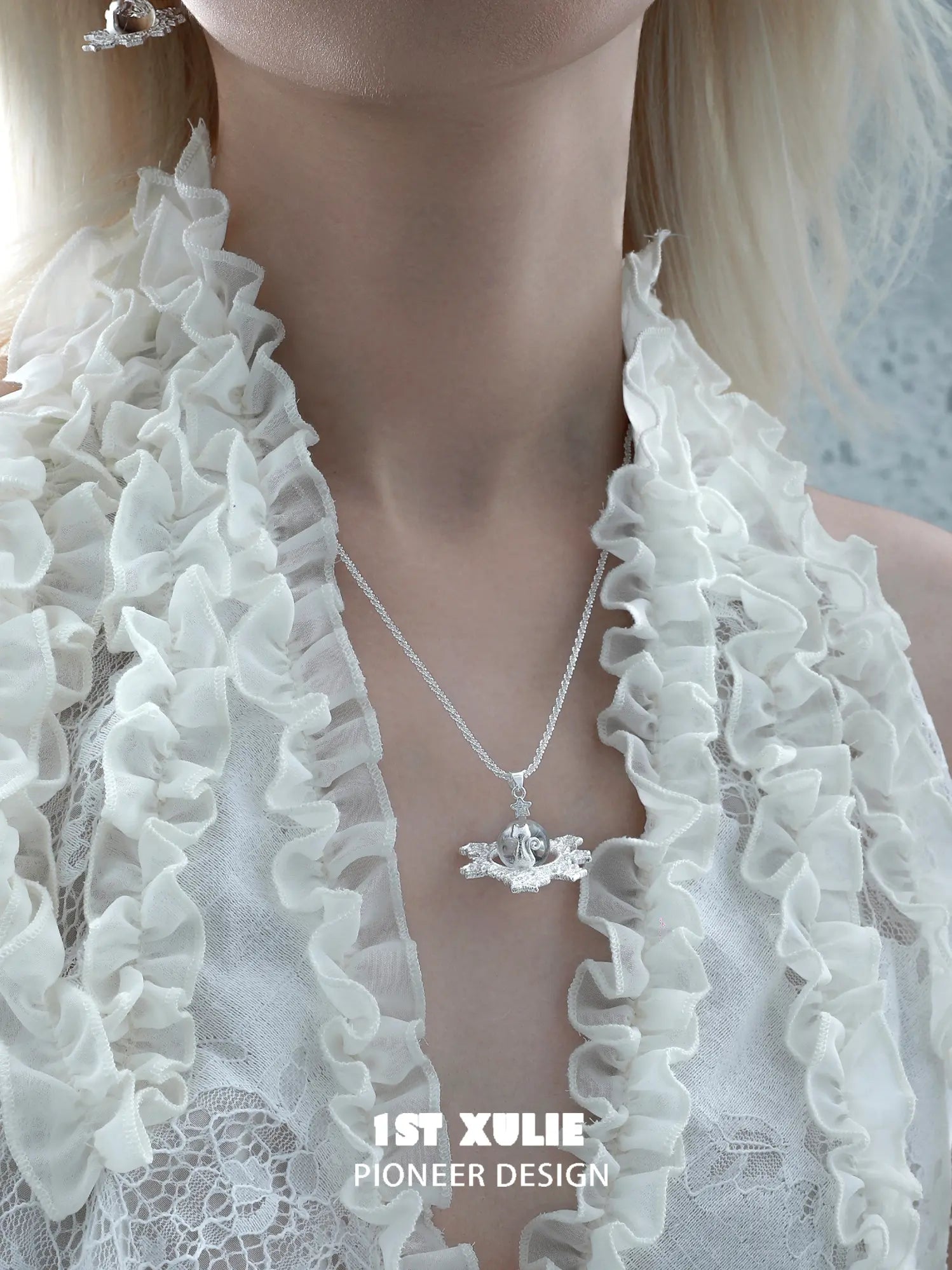 1ST XULIE Jewelry "STARLIGHT LACE" Lace Star Kitten Crystal Orb Statement Charm Pendant Necklace in Platinum Plated - Detail Shot