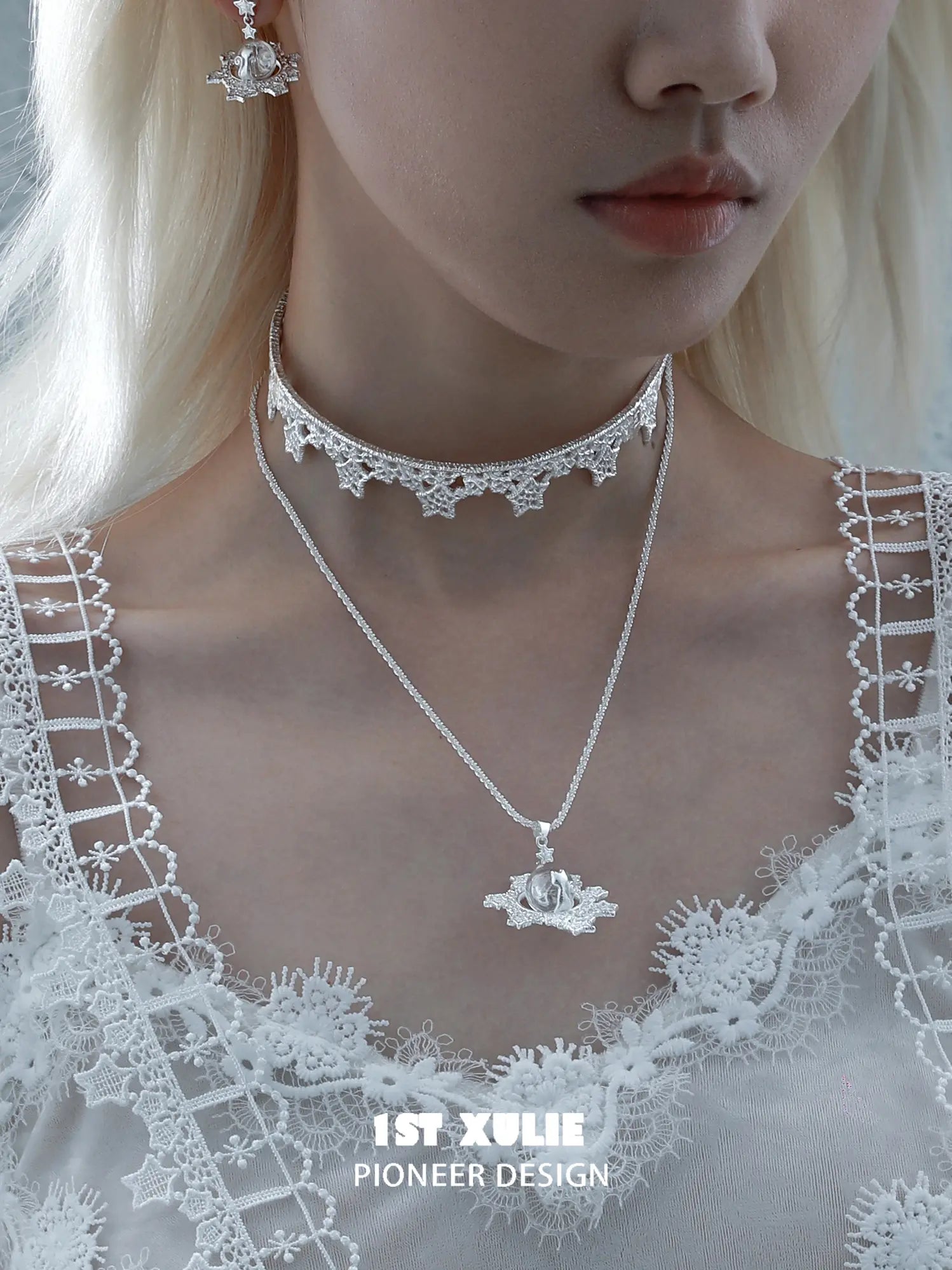 1ST XULIE Jewelry "STARLIGHT LACE" Lace Star Kitten Crystal Orb Statement Charm Pendant Necklace in Platinum Plated - Lifestyle Shot