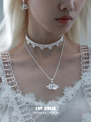 1ST XULIE Jewelry "STARLIGHT LACE" Lace Star Kitten Crystal Orb Statement Charm Pendant Necklace in Platinum Plated - Lifestyle Shot