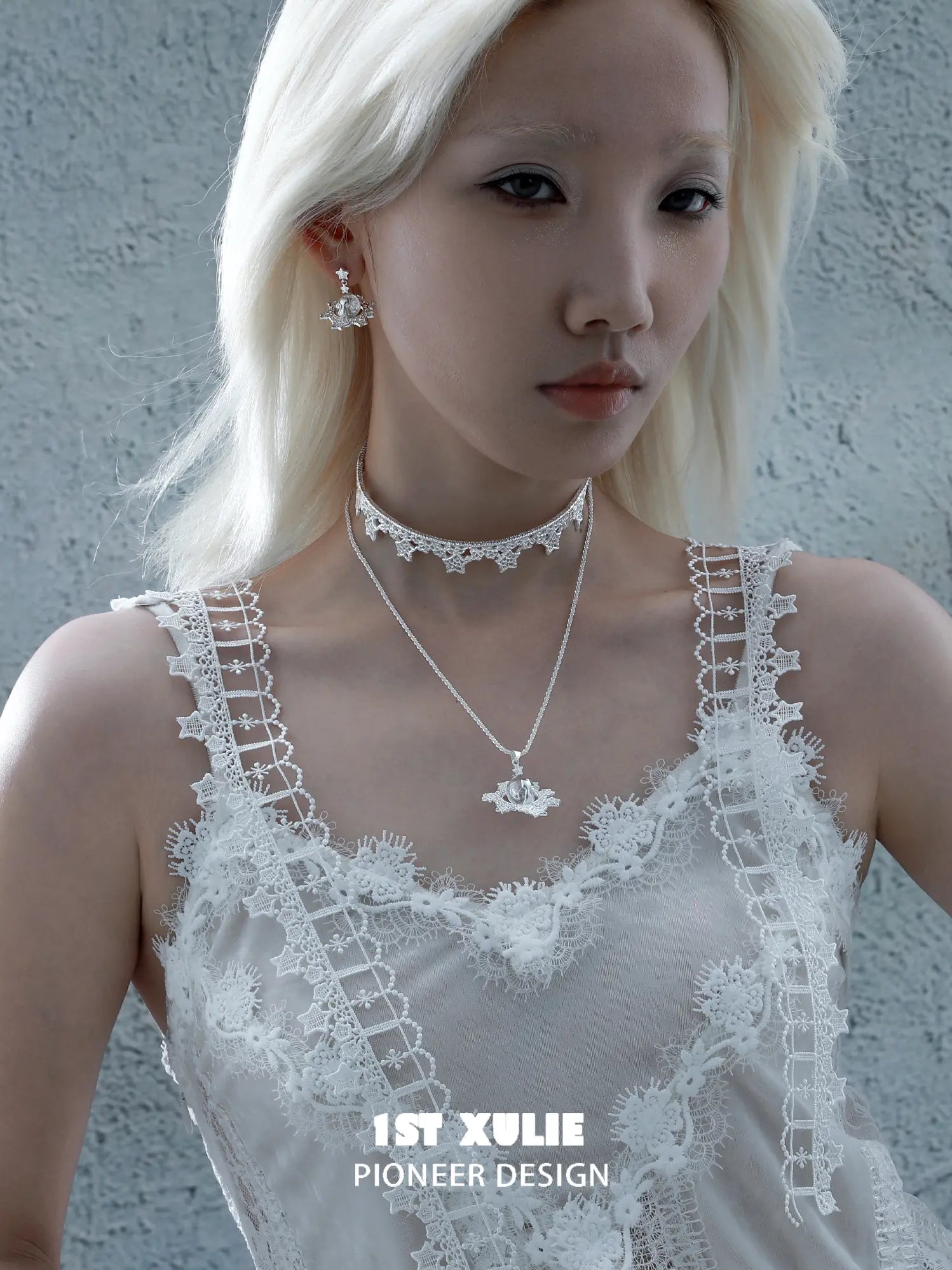 1ST XULIE Jewelry "STARLIGHT LACE" Lace Star Kitten Crystal Orb Statement Charm Pendant Necklace in Platinum Plated - On Model
