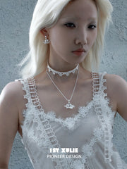 1ST XULIE Jewelry "STARLIGHT LACE" Lace Star Kitten Crystal Orb Statement Charm Pendant Necklace in Platinum Plated - On Model