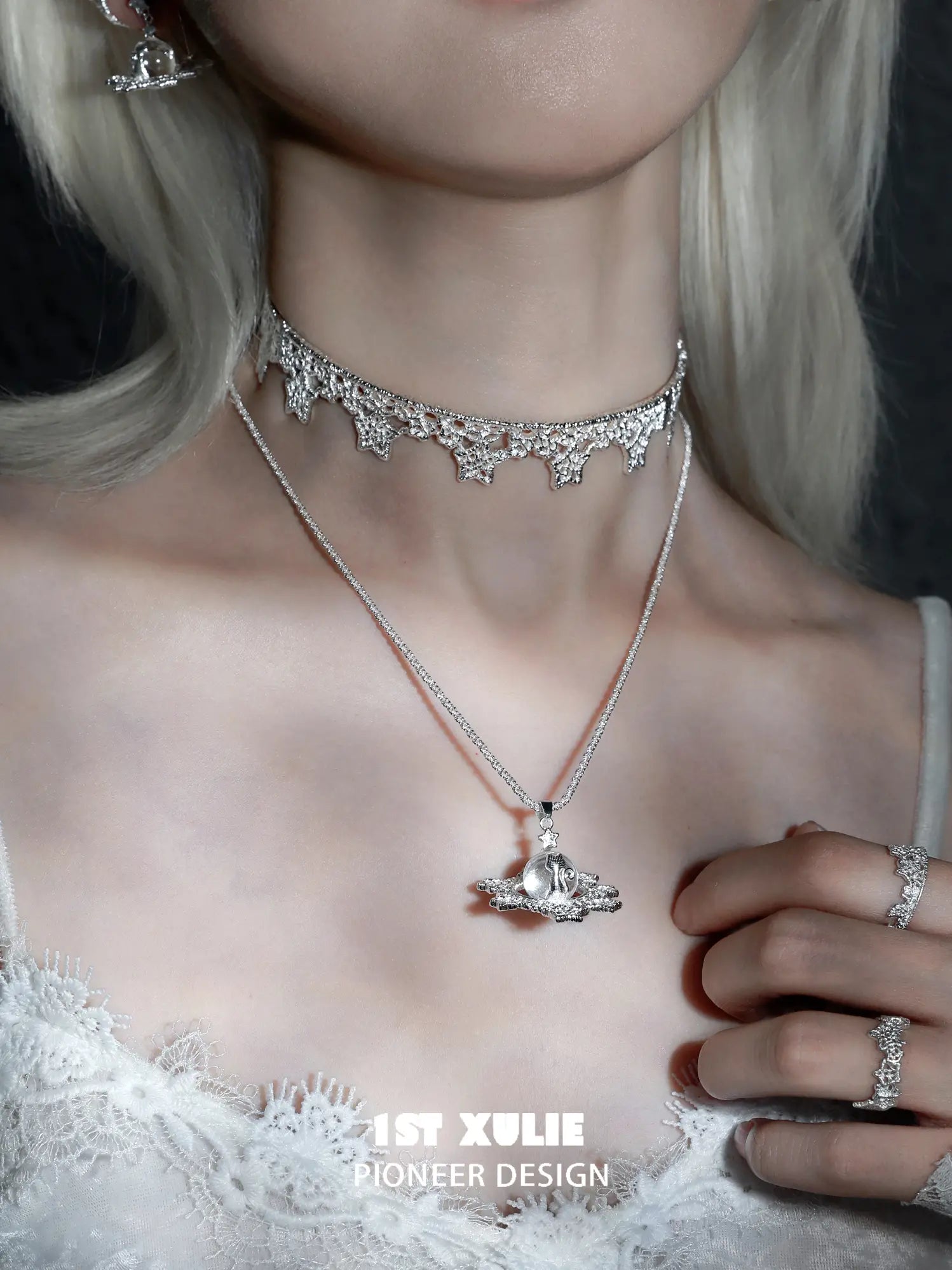 1ST XULIE Jewelry "STARLIGHT LACE" Lace Star Kitten Crystal Orb Statement Charm Pendant Necklace in Platinum Plated - Size Comparison