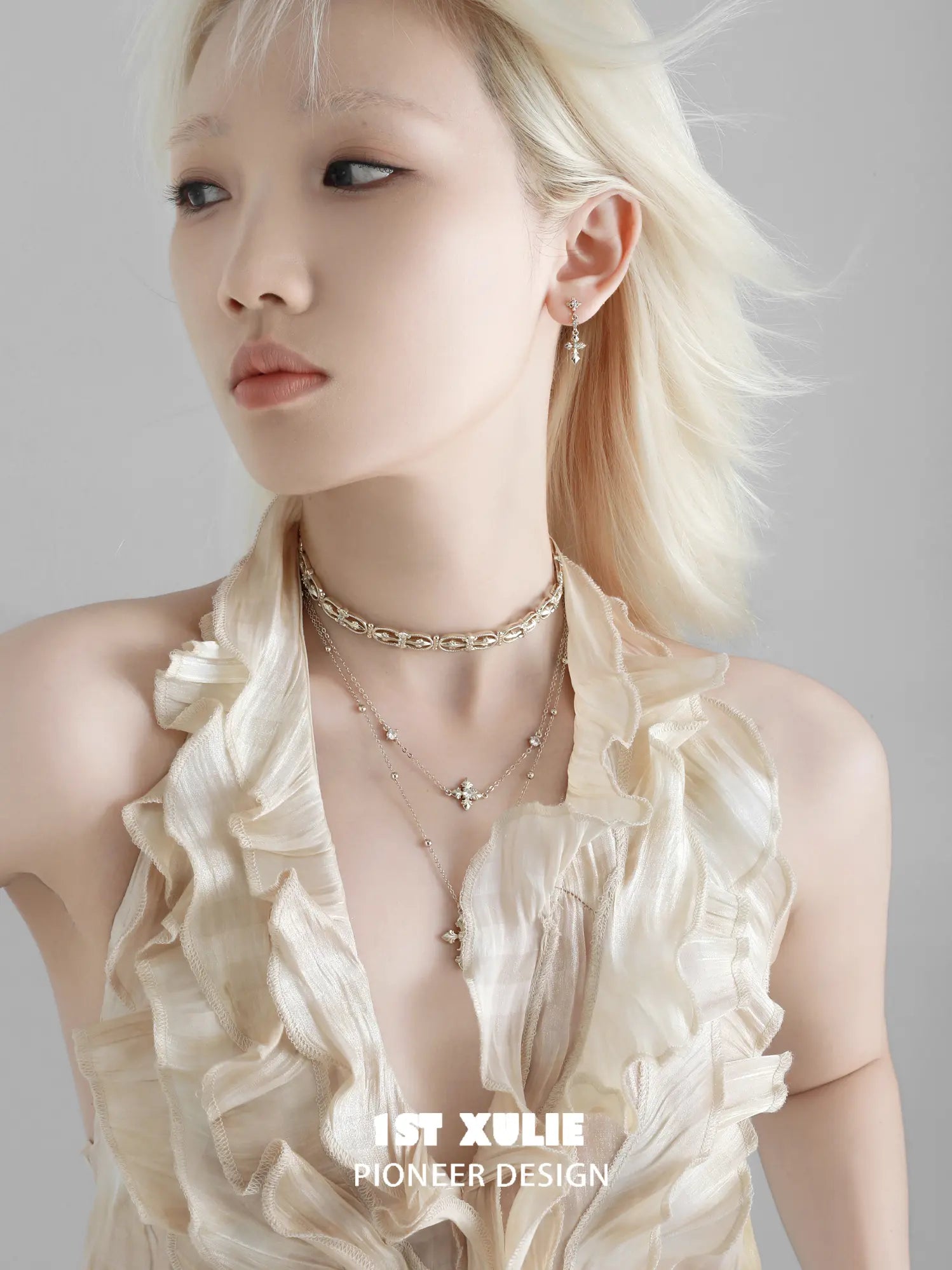 1ST XULIE Jewelry "Bastet" Layered Iris Pendant Necklace in Light Gold Plated Brass - Product View