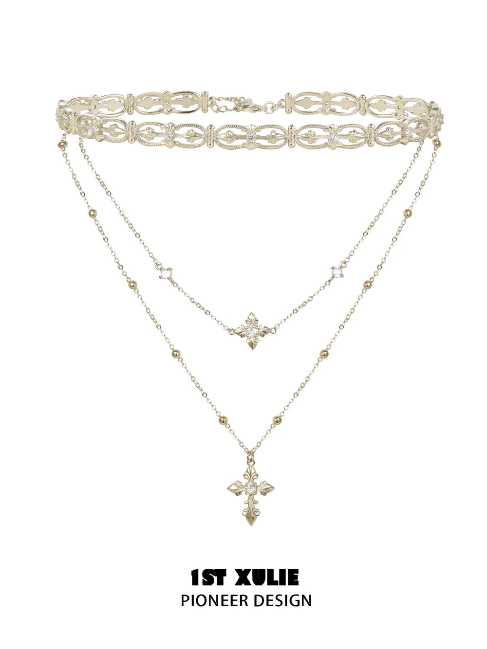 1ST XULIE Jewelry "Bastet" Layered Iris Pendant Necklace in Light Gold Plated Brass - Lifestyle Shot