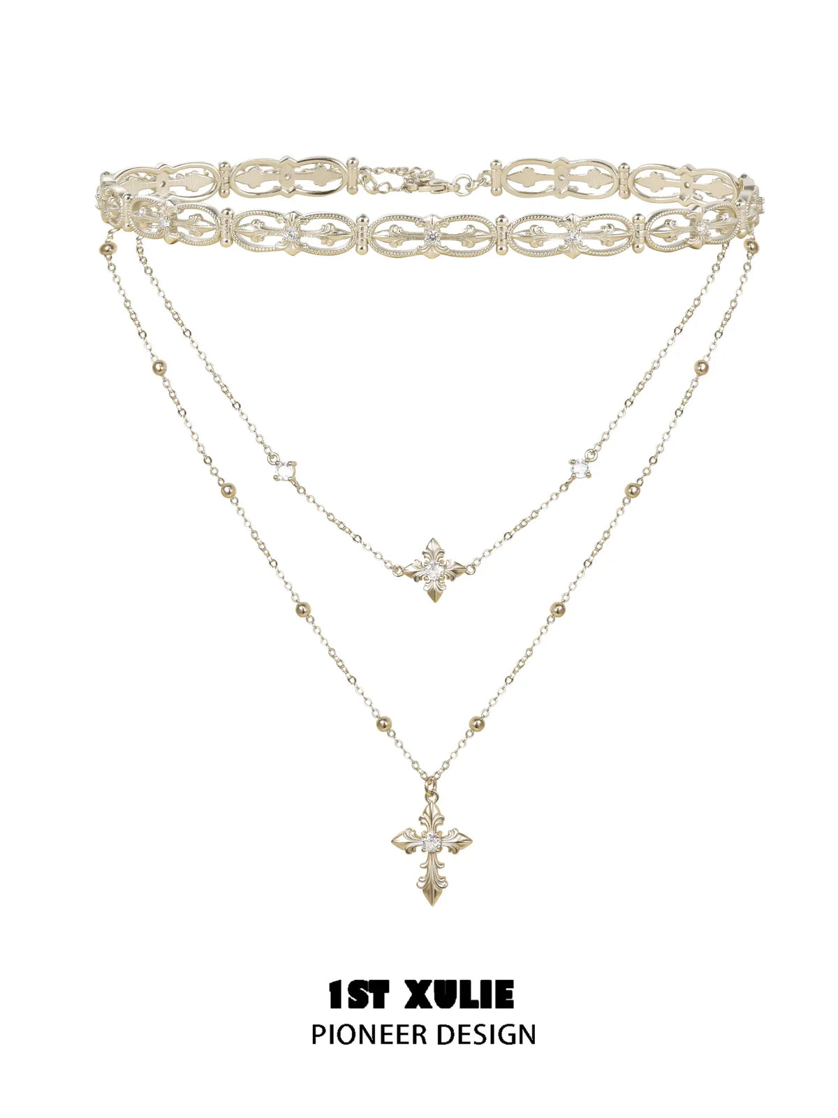 1ST XULIE Jewelry "Bastet" Layered Iris Pendant Necklace in Light Gold Plated Brass - Lifestyle Shot