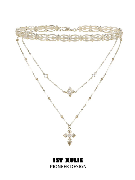 1ST XULIE Jewelry "Bastet" Layered Iris Pendant Necklace in Light Gold Plated Brass - Lifestyle Shot