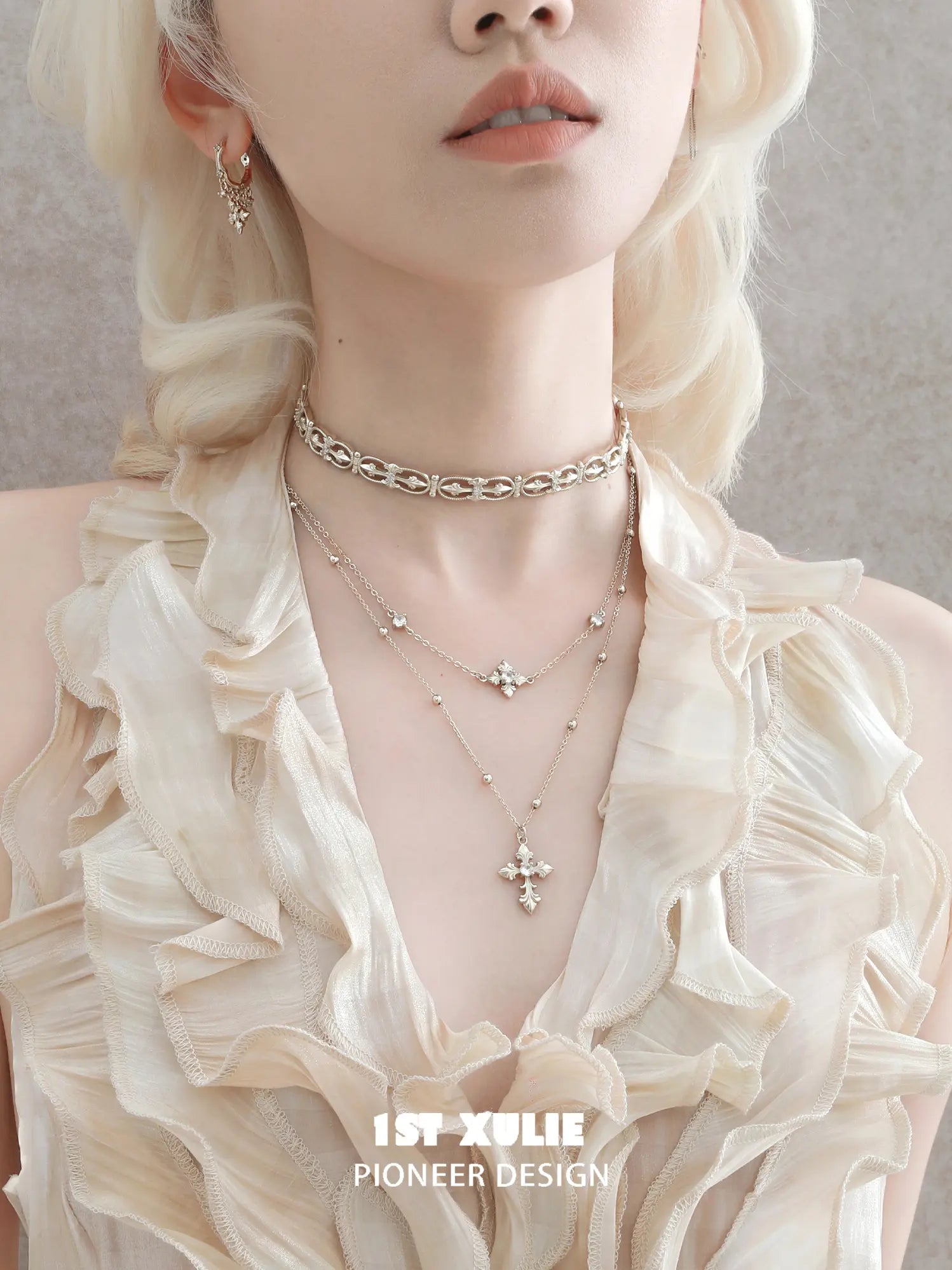 1ST XULIE Jewelry "Bastet" Layered Iris Pendant Necklace in Light Gold Plated Brass - On Model