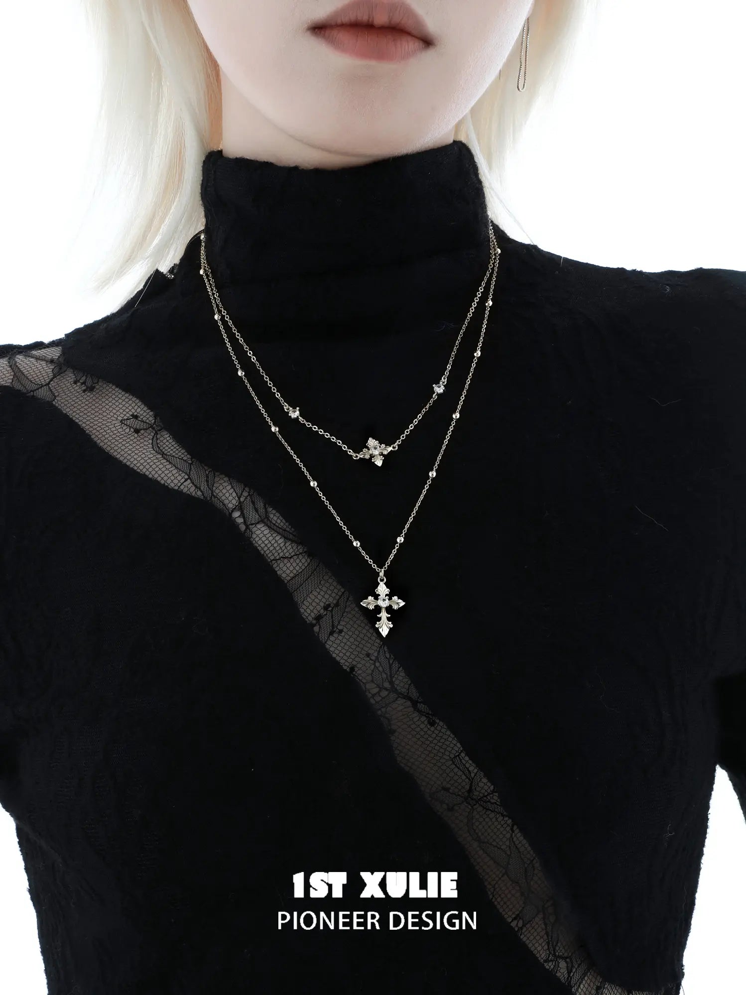 1ST XULIE Jewelry "Bastet" Layered Iris Pendant Necklace in Light Gold Plated Brass - Side View