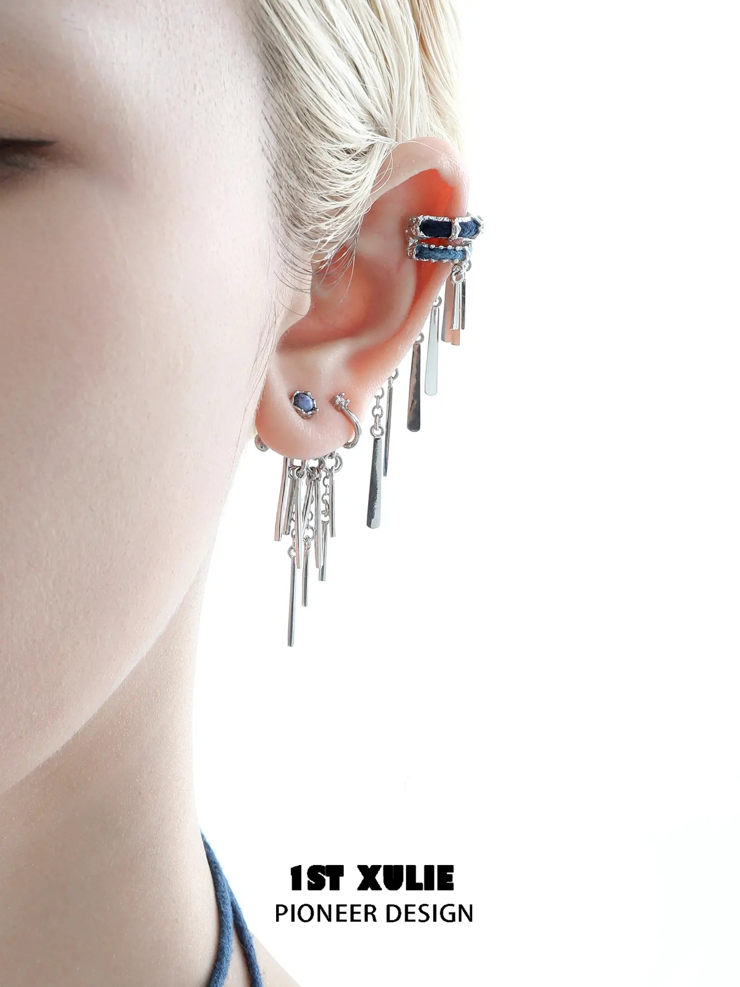 1ST XULIE Jewelry "MIAO" Miao Ethnic Tassel Ear Cuffs in Platinum Plated - Angle View