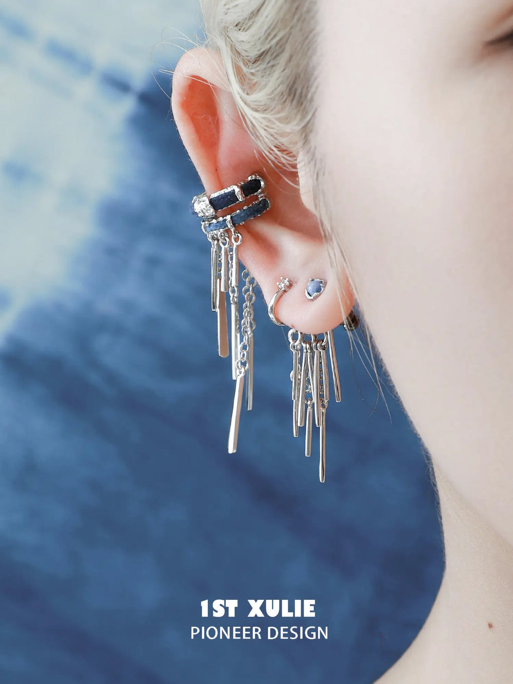 1ST XULIE Jewelry "MIAO" Miao Ethnic Tassel Ear Cuffs in Platinum Plated - Texture Detail