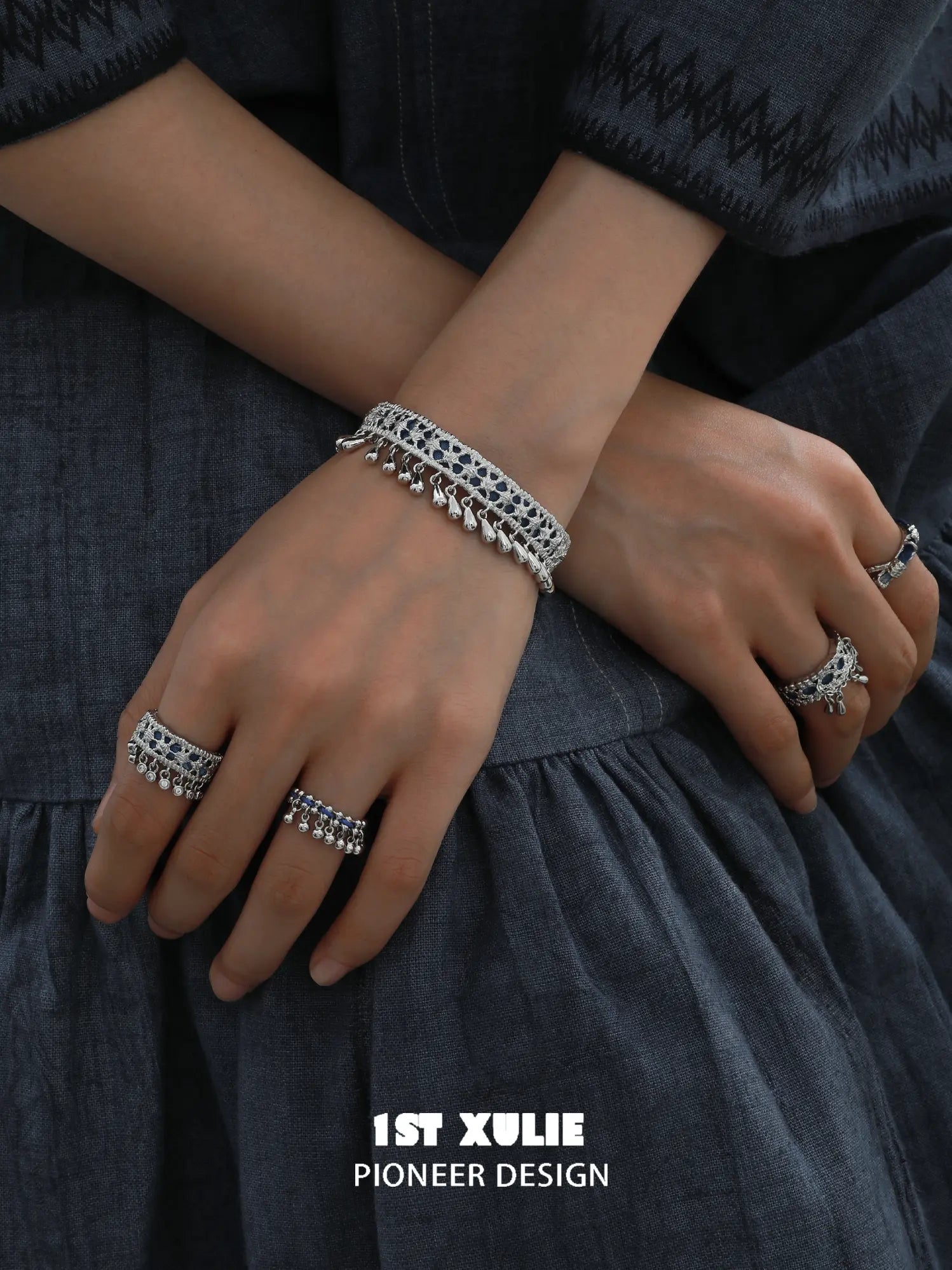 1ST XULIE Jewelry "MIAO" Miao Tribal Tie-Dye Statement Adjustable Ring in 925 Sterling Silver - Product View