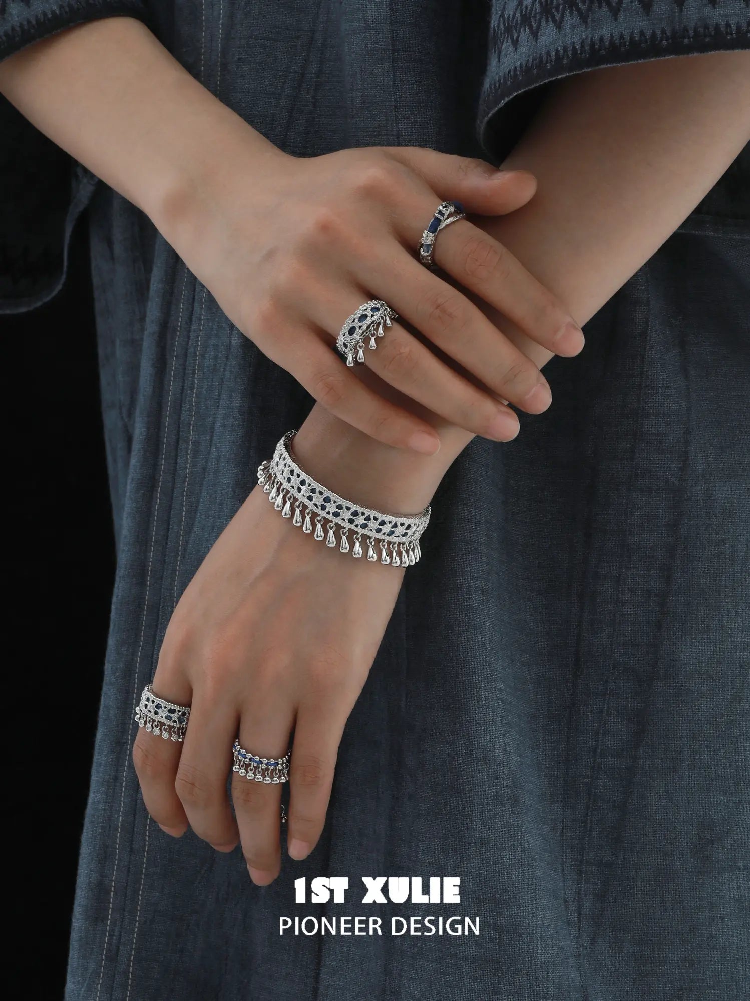 1ST XULIE Jewelry "MIAO" Miao Tribal Tie-Dye Statement Adjustable Ring in 925 Sterling Silver - On Model