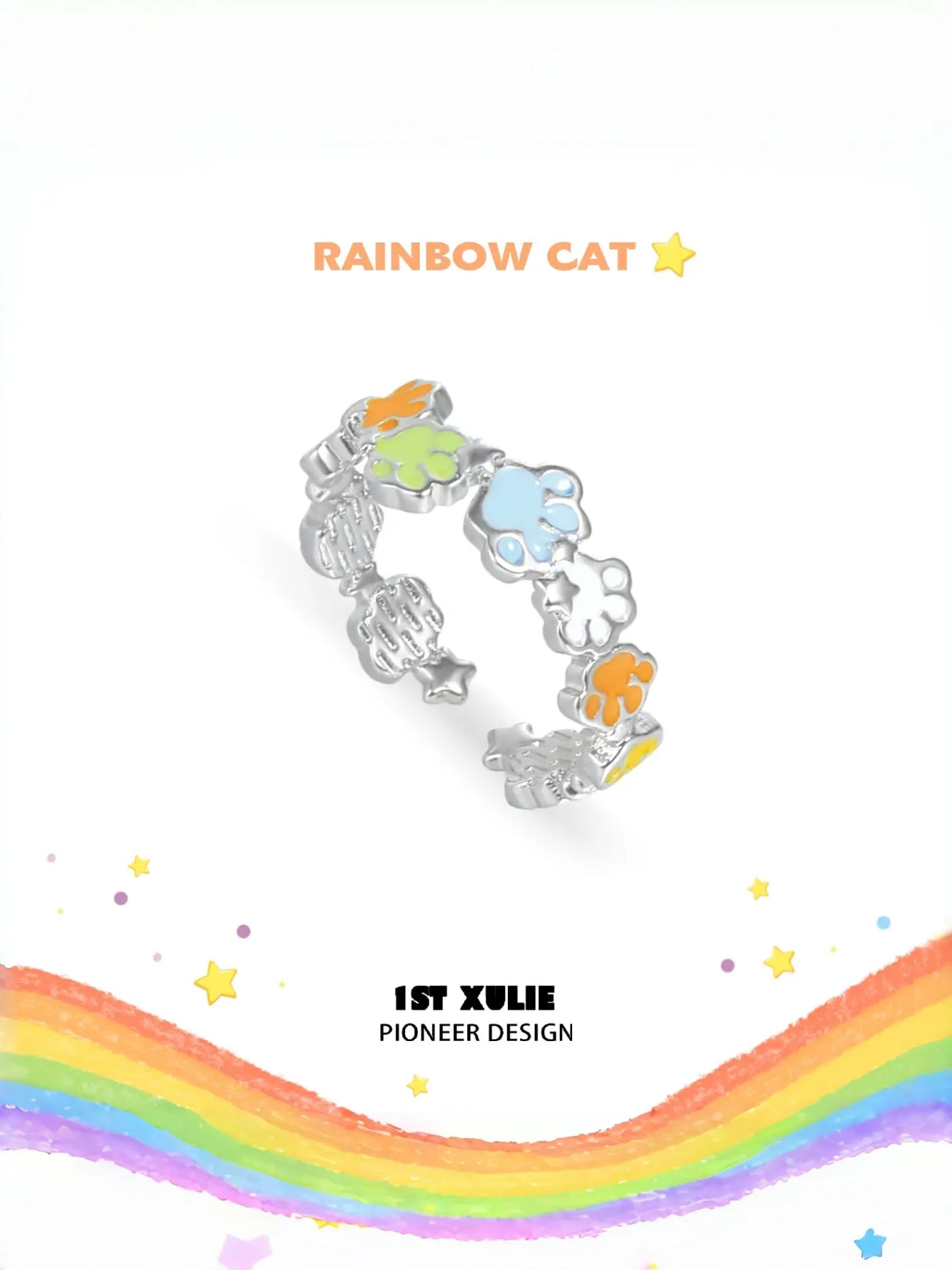 1ST XULIE Jewelry "RAINBOW CAT" Adjustable Rainbow Enamel Cat Paw Ring in 925 Sterling Silver - Lifestyle Shot