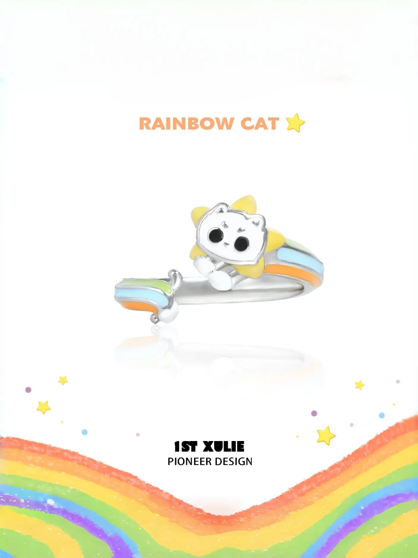 1ST XULIE Jewelry "RAINBOW CAT" Adjustable Rainbow Enamel Cat Paw Ring in 925 Sterling Silver - Lifestyle Shot