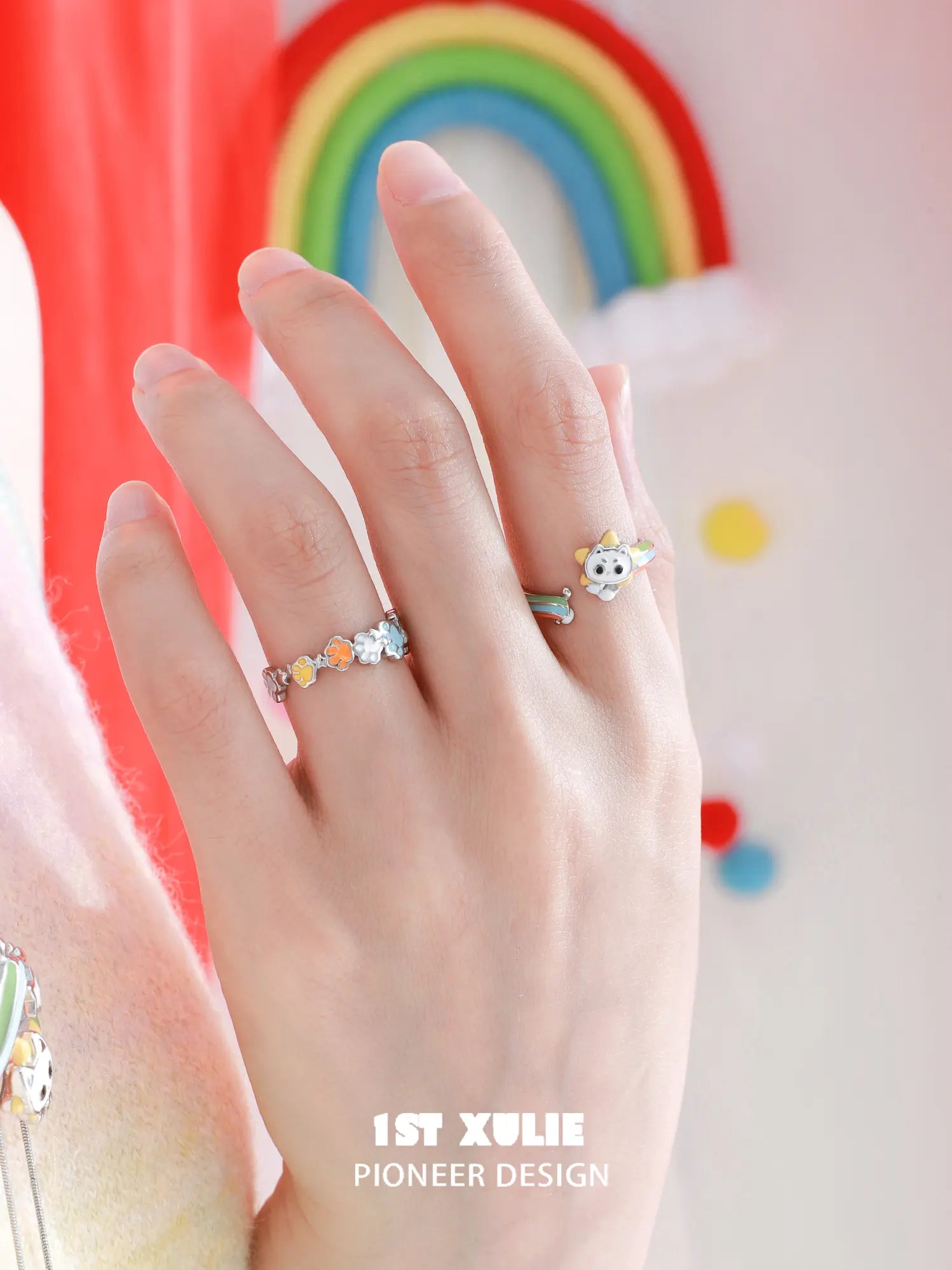 1ST XULIE Jewelry "RAINBOW CAT" Adjustable Rainbow Enamel Cat Paw Ring in 925 Sterling Silver - Product View