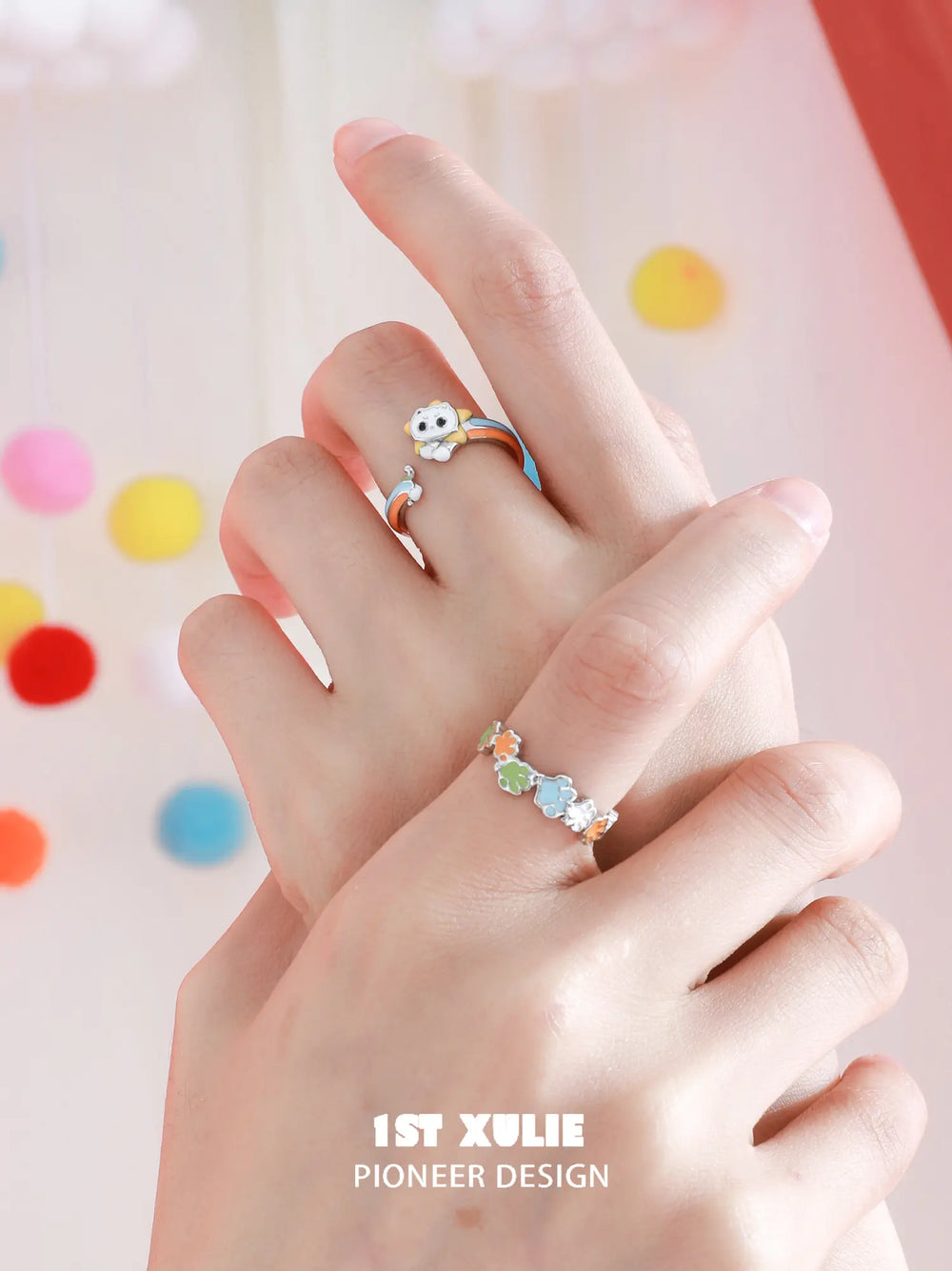 1ST XULIE Jewelry "RAINBOW CAT" Adjustable Rainbow Enamel Cat Paw Ring in 925 Sterling Silver - Side View