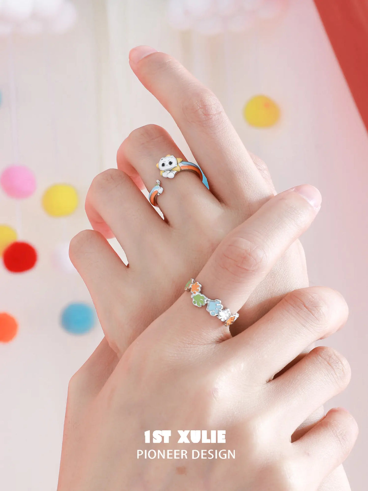 1ST XULIE Jewelry "RAINBOW CAT" Adjustable Rainbow Enamel Cat Paw Ring in 925 Sterling Silver - Side View