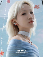 1ST XULIE Jewelry "THE SEA" Handcrafted Resin Summer Goldfish Stud Earrings in Brass and Resin - On Model