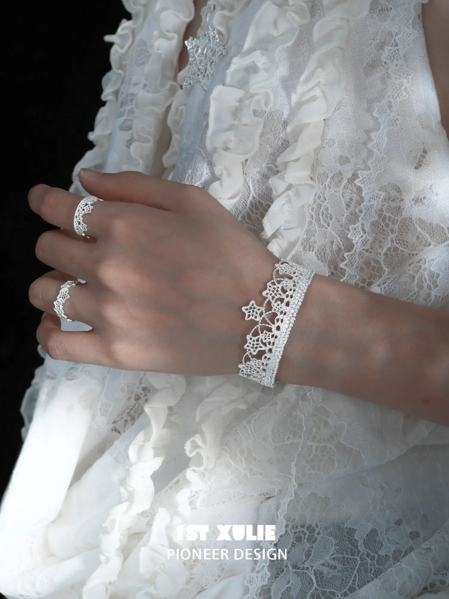 1ST XULIE Jewelry "STARLIGHT LACE" Rococo Star Lace Bangle in Platinum Plated - Product View