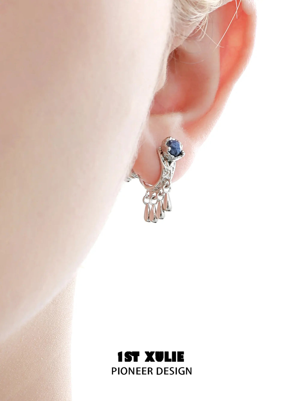 1ST XULIE Jewelry "MIAO" Ethnic Dangle Sodalite Crescent Drop Earrings in Platinum Plated - Angle 1