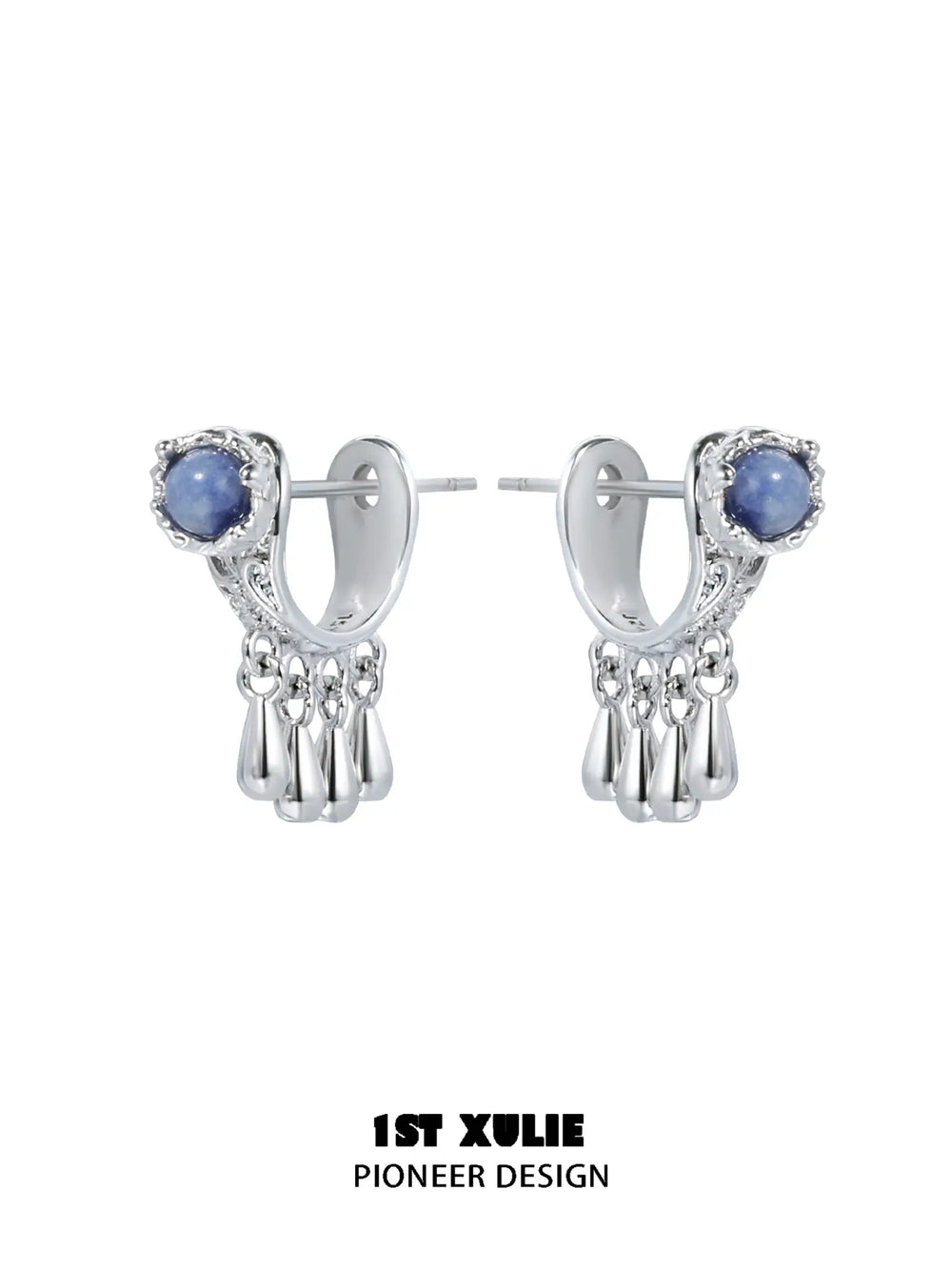 1ST XULIE Jewelry "MIAO" Ethnic Dangle Sodalite Crescent Drop Earrings in Platinum Plated - Angle 2
