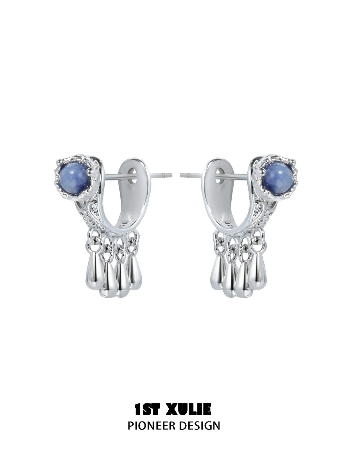 1ST XULIE Jewelry "MIAO" Ethnic Dangle Sodalite Crescent Drop Earrings in Platinum Plated - Angle 2