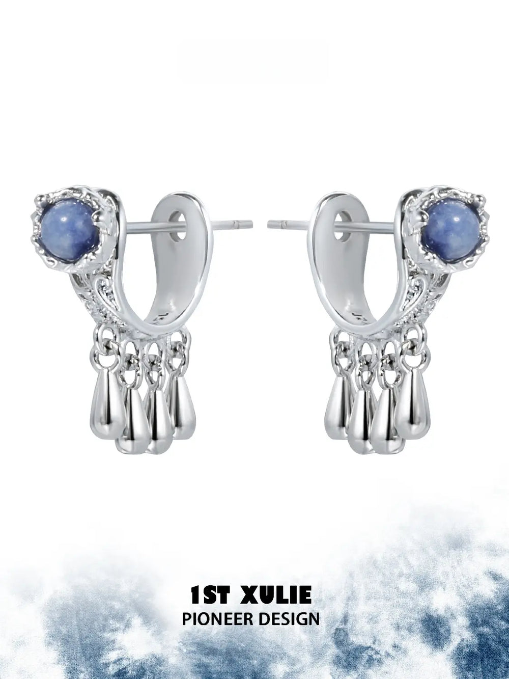 1ST XULIE Jewelry "MIAO" Ethnic Dangle Sodalite Crescent Drop Earrings in Platinum Plated - Lifestyle Shot
