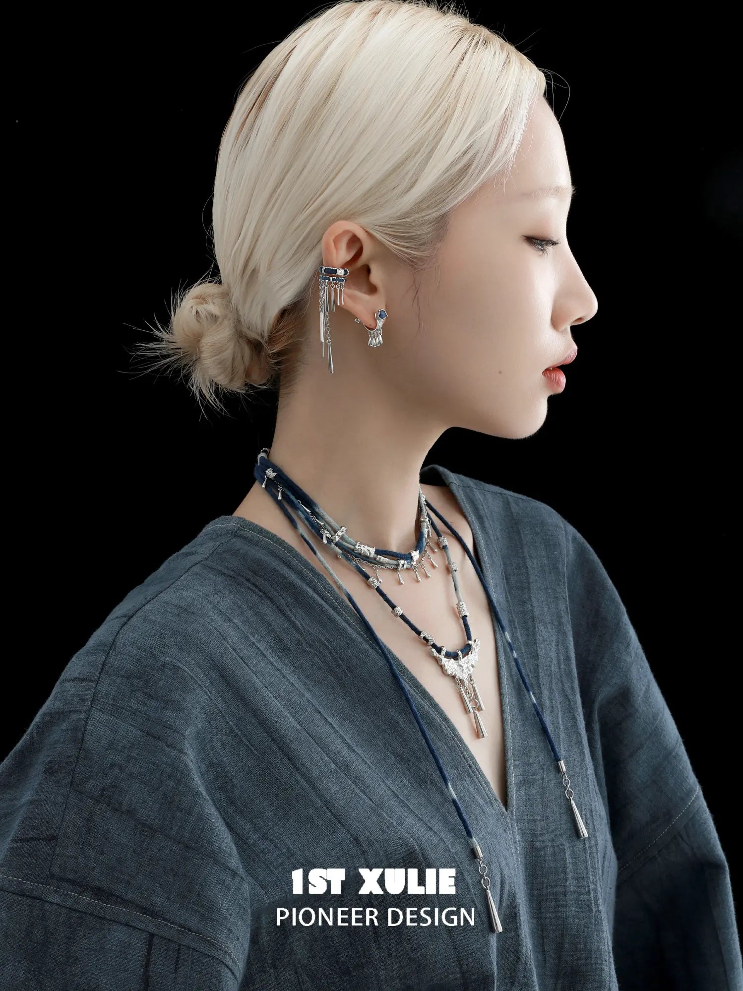 1ST XULIE Jewelry "MIAO" Ethnic Dangle Sodalite Crescent Drop Earrings in Platinum Plated - Product View