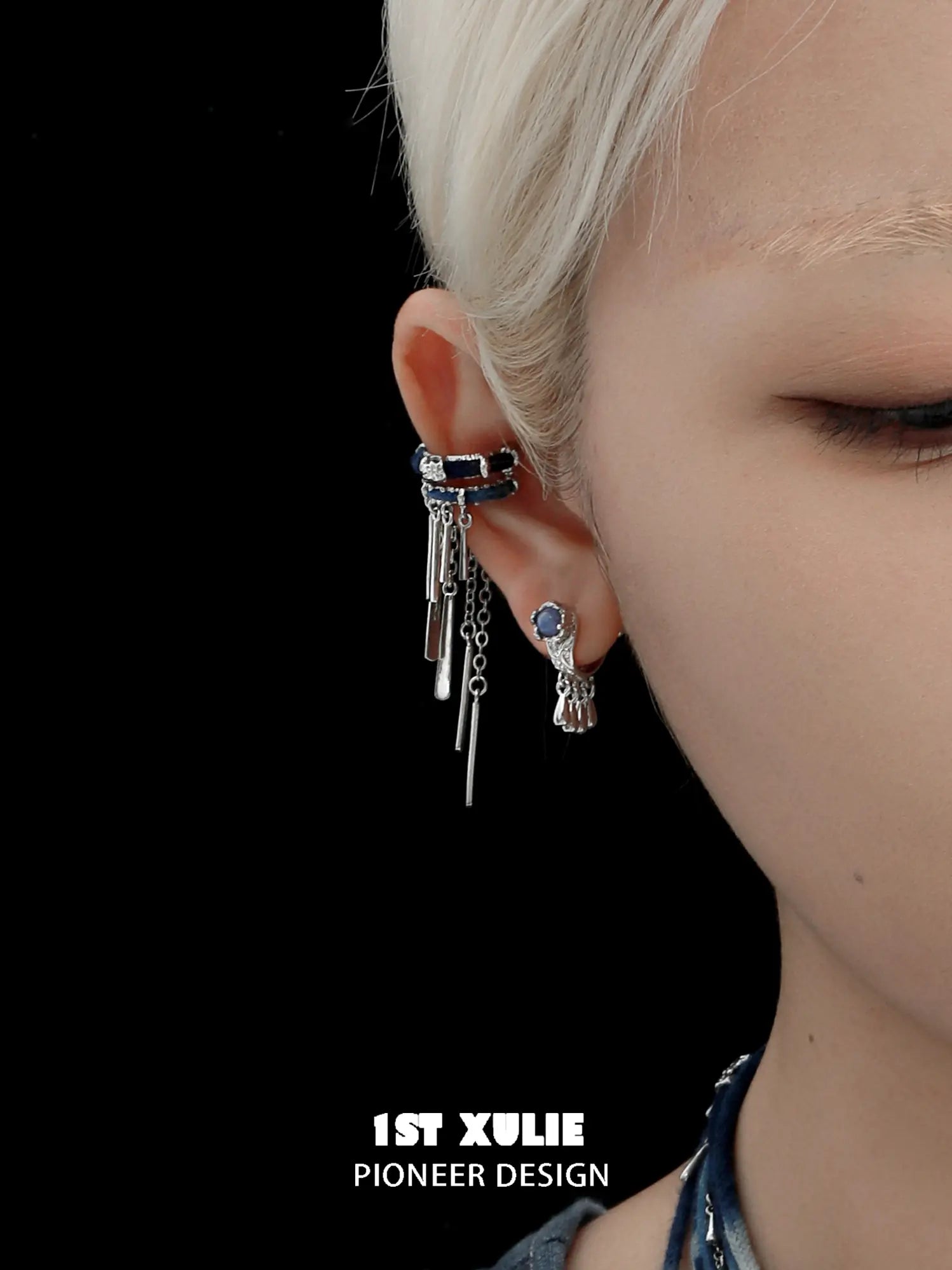 1ST XULIE Jewelry "MIAO" Ethnic Dangle Sodalite Crescent Drop Earrings in Platinum Plated - Texture Detail