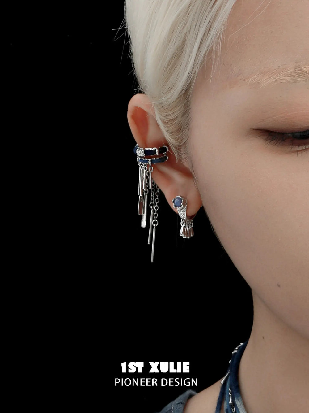 1ST XULIE Jewelry "MIAO" Ethnic Dangle Sodalite Crescent Drop Earrings in Platinum Plated - Texture Detail