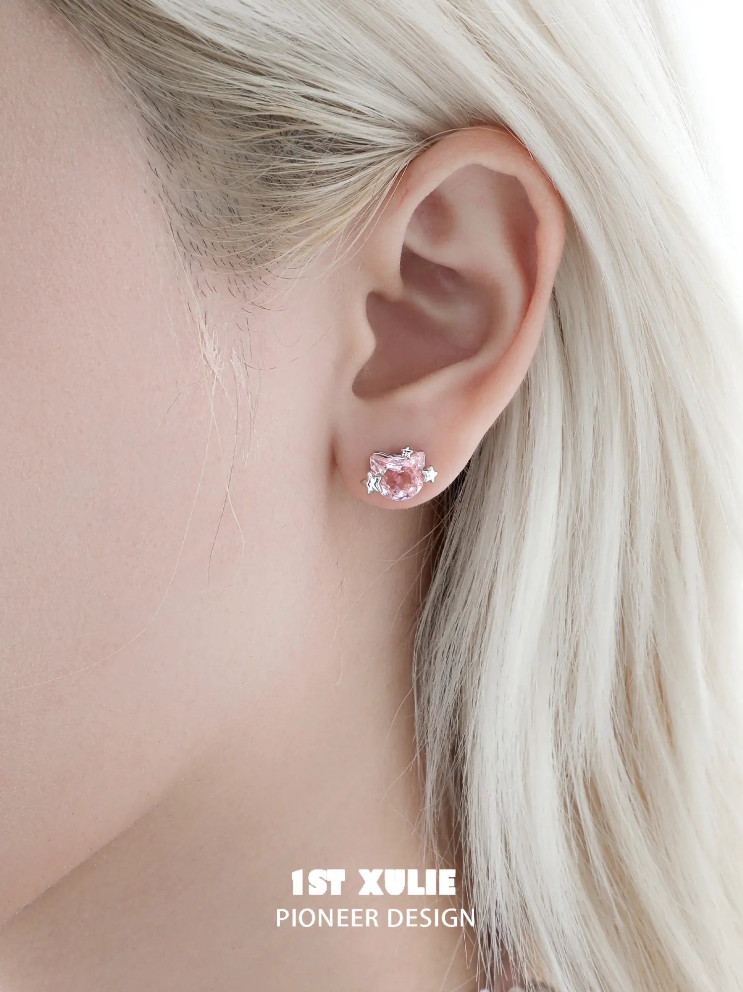 1ST XULIE Jewelry "Rainbow Cat" Sparkling Zirconia Cat Stud Earrings in 925 Sterling Silver - On Model