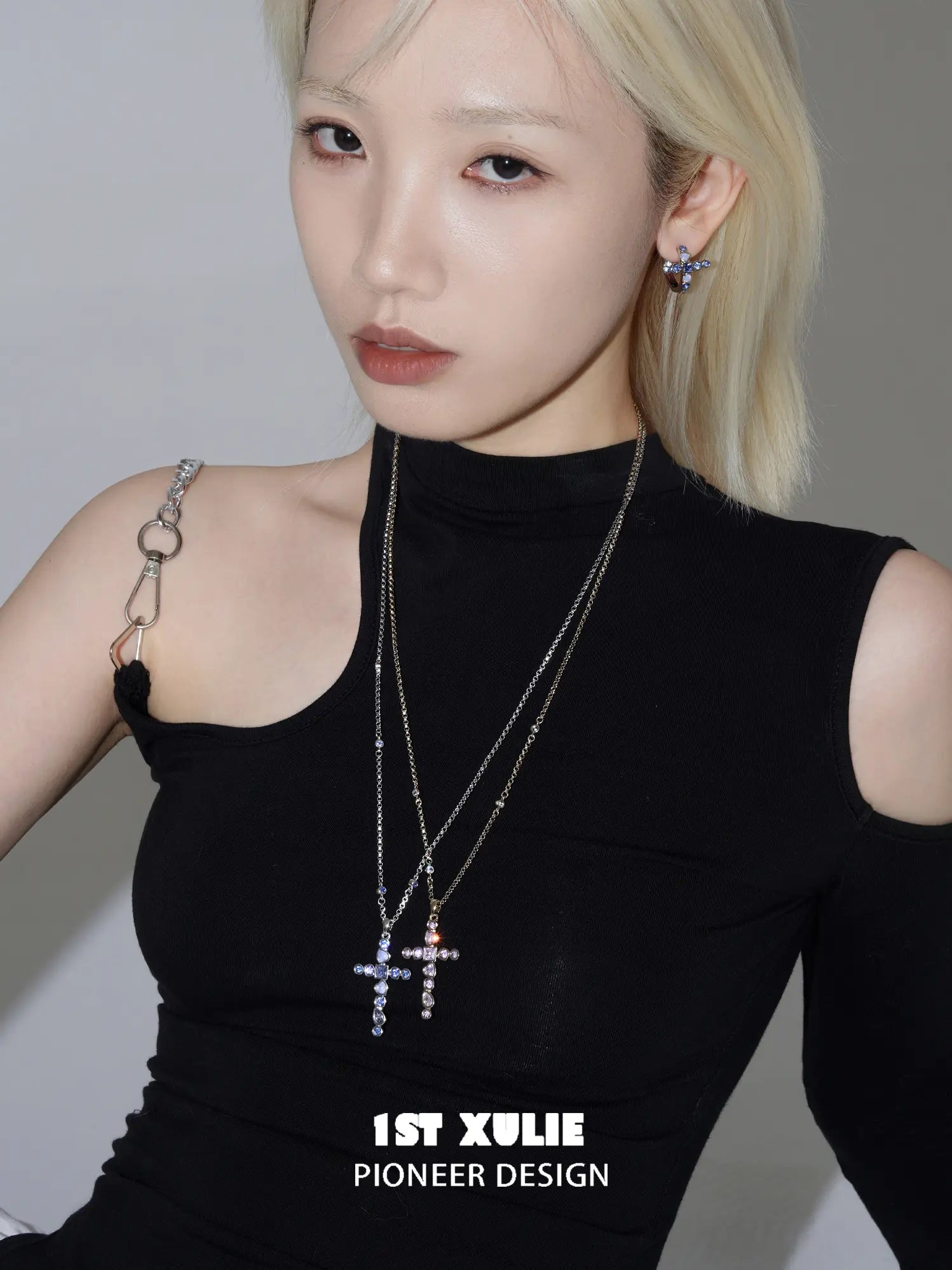 1ST XULIE Jewelry "Starfall" Statement Zirconia Cross Pendant Necklace - Lifestyle Shot