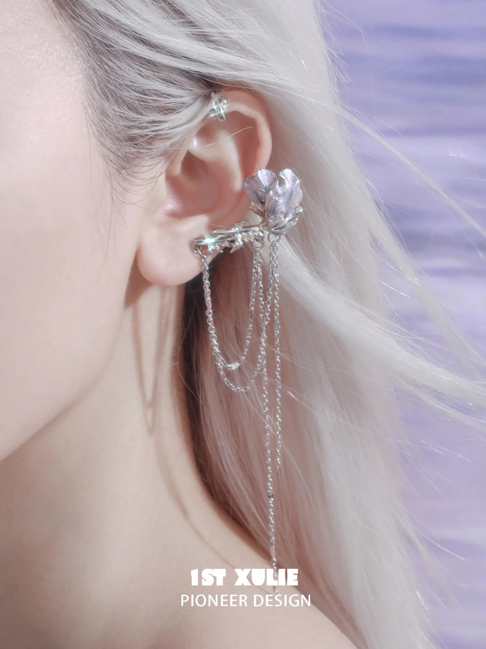1ST XULIE Jewelry "THE SEA" Swimming Fish Dangle Ear Cuffs in Platinum Plated Brass - Back View