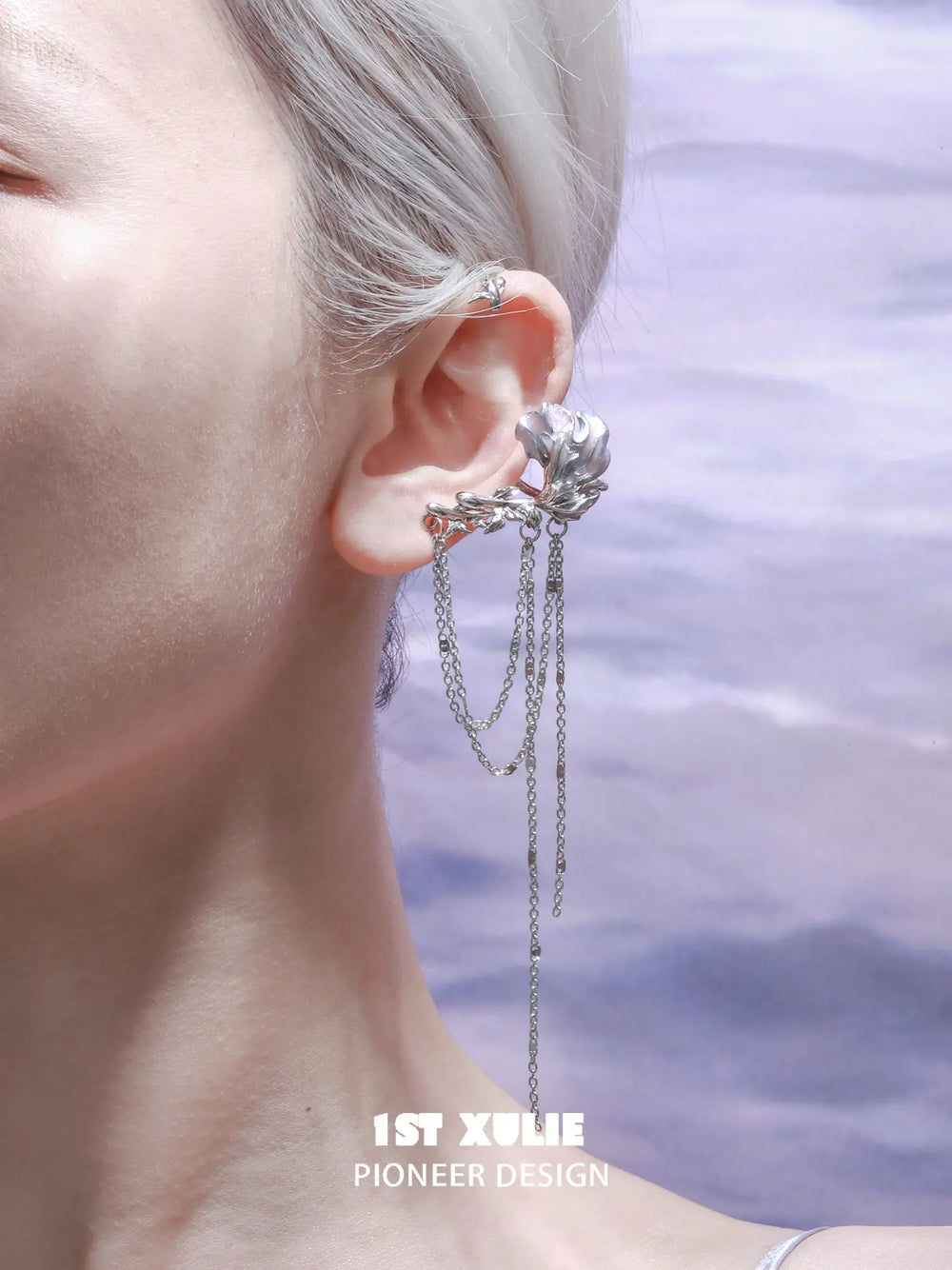 1ST XULIE Jewelry "THE SEA" Swimming Fish Dangle Ear Cuffs in Platinum Plated Brass - Fish Detail