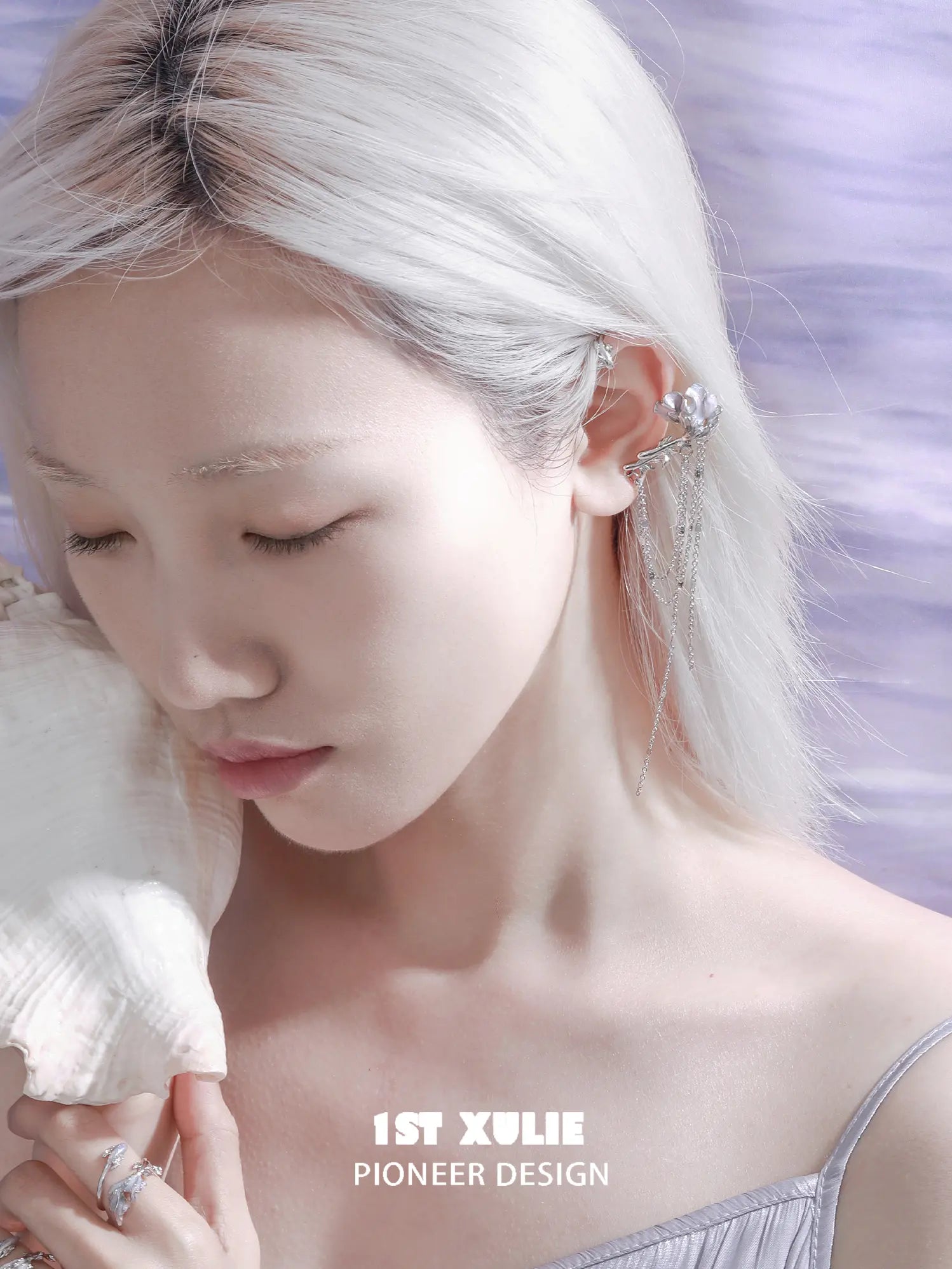 1ST XULIE Jewelry "THE SEA" Swimming Fish Dangle Ear Cuffs in Platinum Plated Brass - Lifestyle Shot