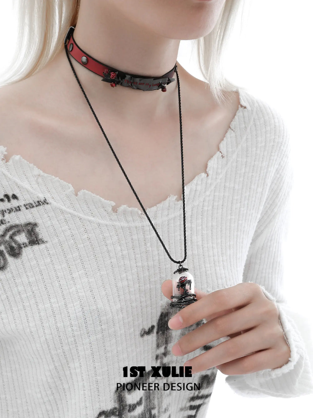 1ST XULIE Jewelry "TWILIGHT ROSE" Thermochromic Rose Bow Pendant Necklace in Black Gold Plated Brass - On Model