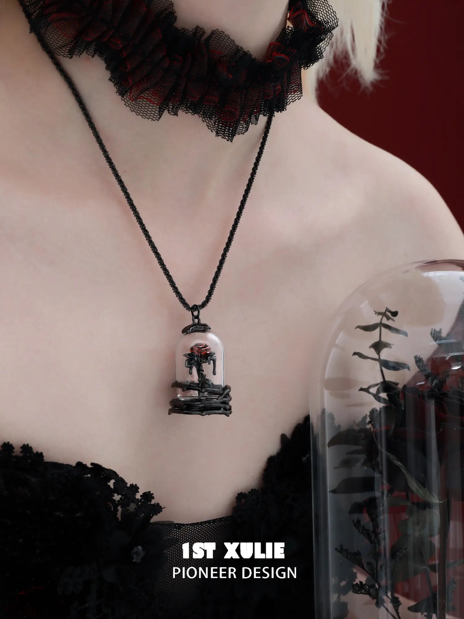 1ST XULIE Jewelry "TWILIGHT ROSE" Thermochromic Rose Bow Pendant Necklace in Black Gold Plated Brass - Packaging View