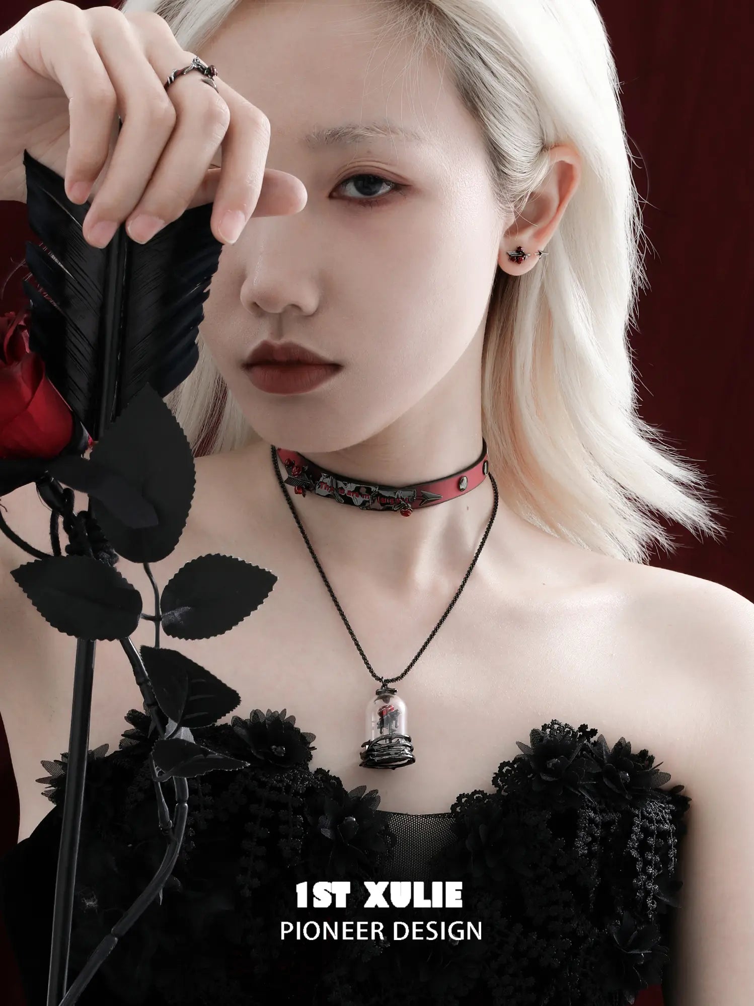1ST XULIE Jewelry "TWILIGHT ROSE" Thermochromic Rose Bow Pendant Necklace in Black Gold Plated Brass - Side View
