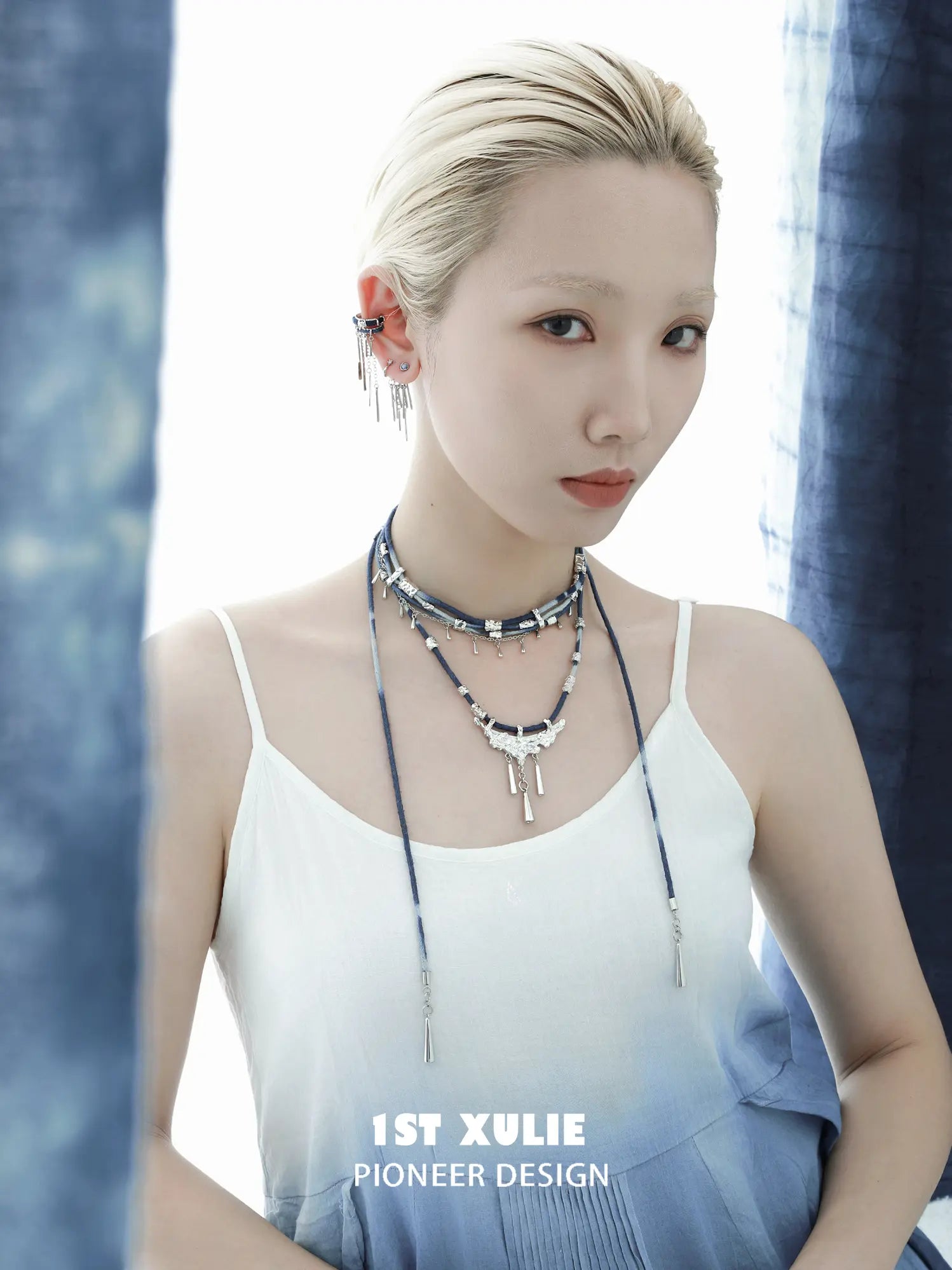 1ST XULIE Jewelry "MIAO" Tie-Dye Cotton Rope Statement Pendant Necklace in Platinum Plated Brass - Angle 1