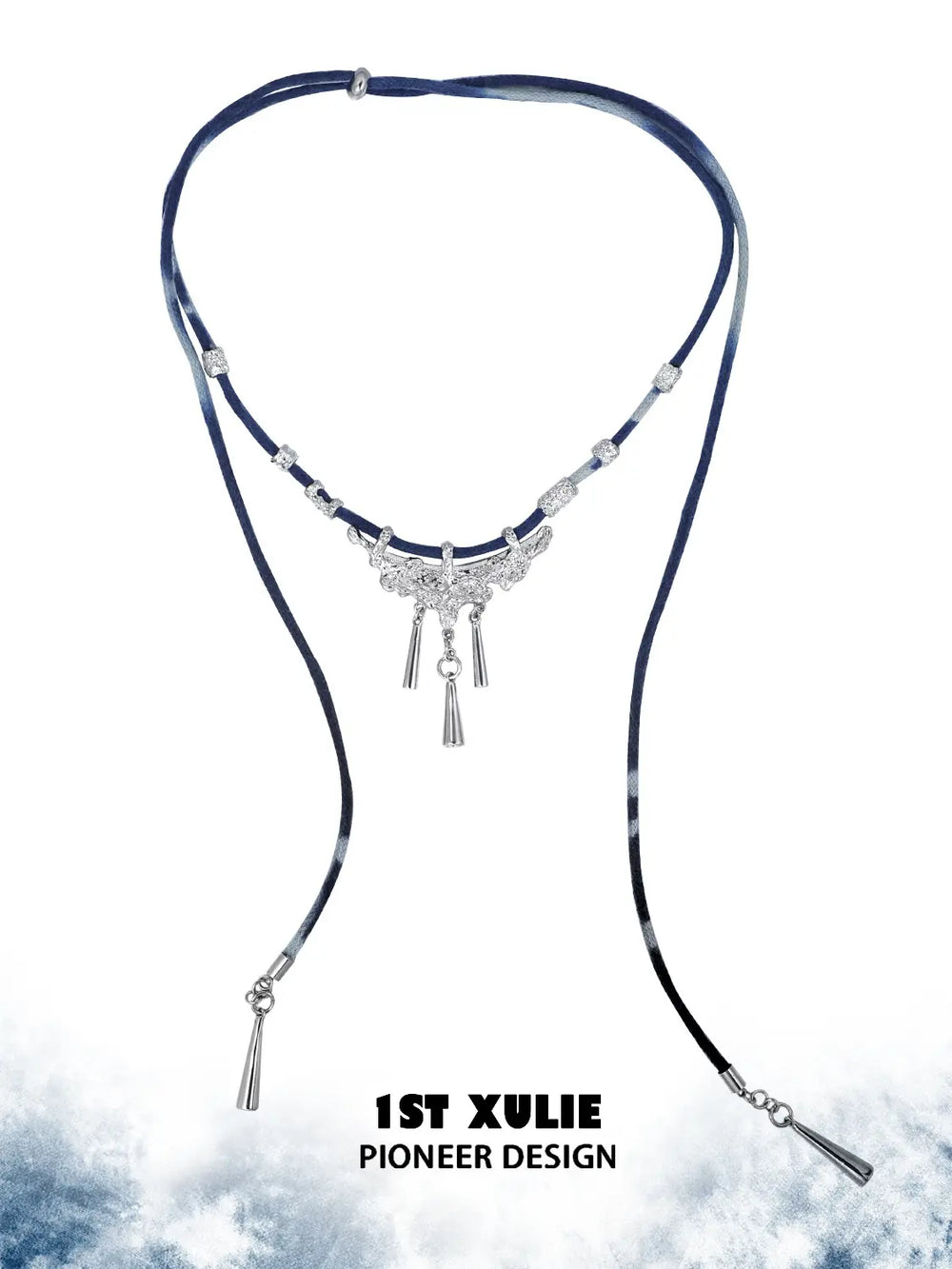 1ST XULIE Jewelry "MIAO" Tie-Dye Cotton Rope Statement Pendant Necklace in Platinum Plated Brass - Lifestyle Shot
