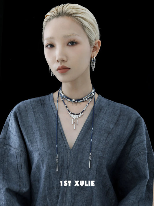 1ST XULIE Jewelry "MIAO" Tie-Dye Cotton Rope Statement Pendant Necklace in Platinum Plated Brass - Product View