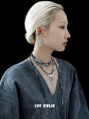1ST XULIE Jewelry "MIAO" Tie-Dye Cotton Rope Statement Pendant Necklace in Platinum Plated Brass - On Model